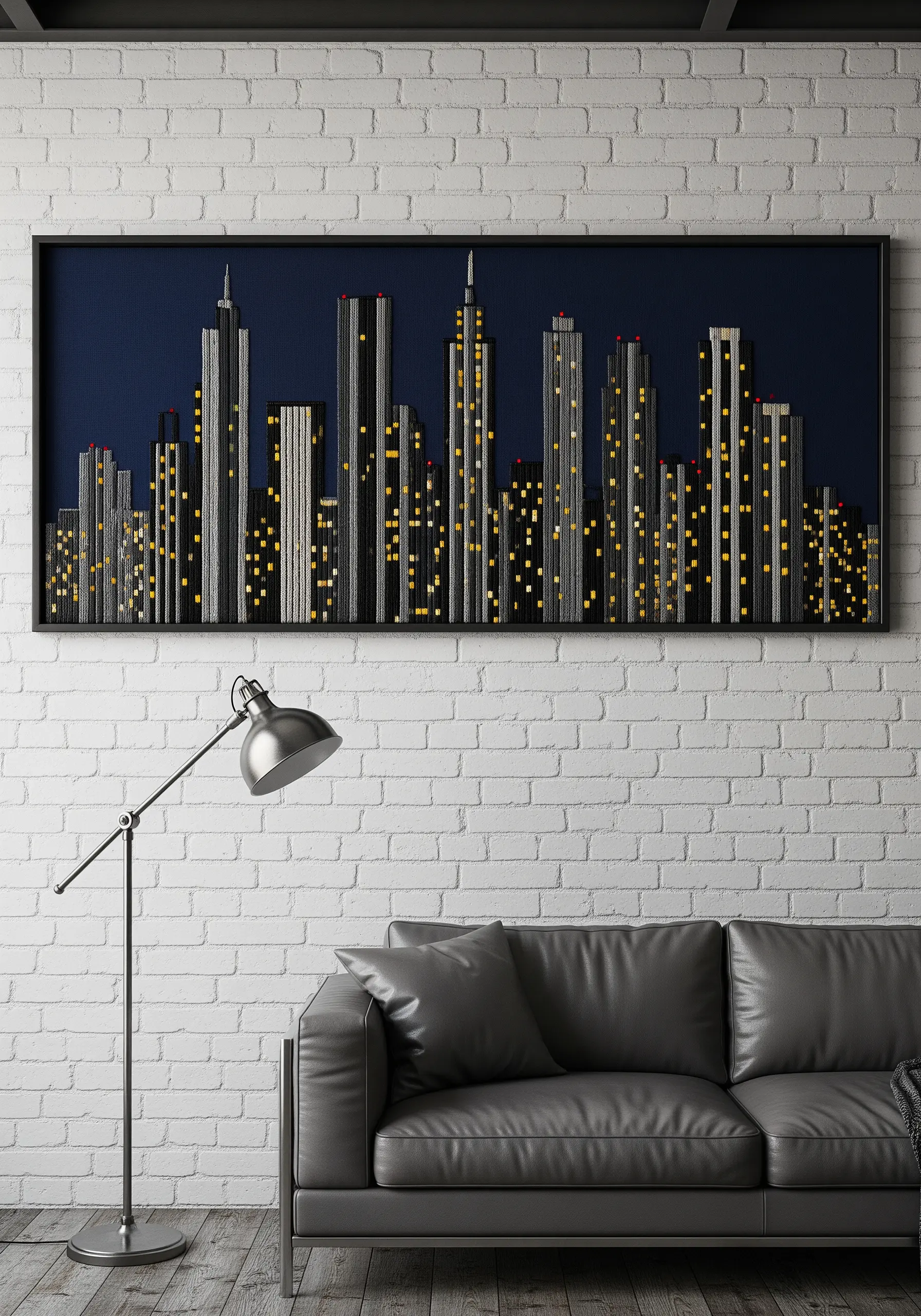 An embroidered city skyline at night, with glowing yellow windows, against a dark blue background.