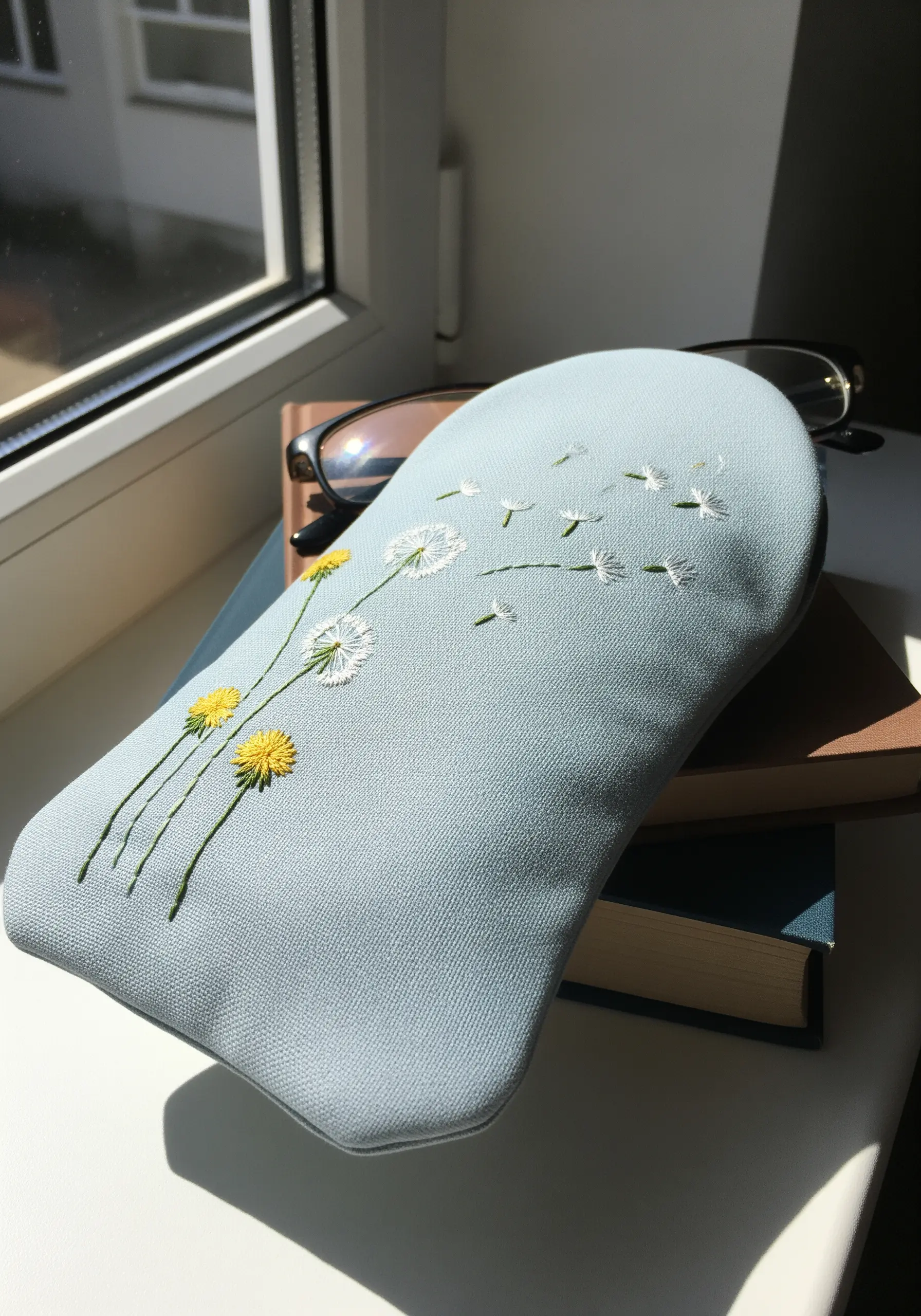 Delicate dandelions with seeds blowing in the wind embroidered on a light blue glasses case