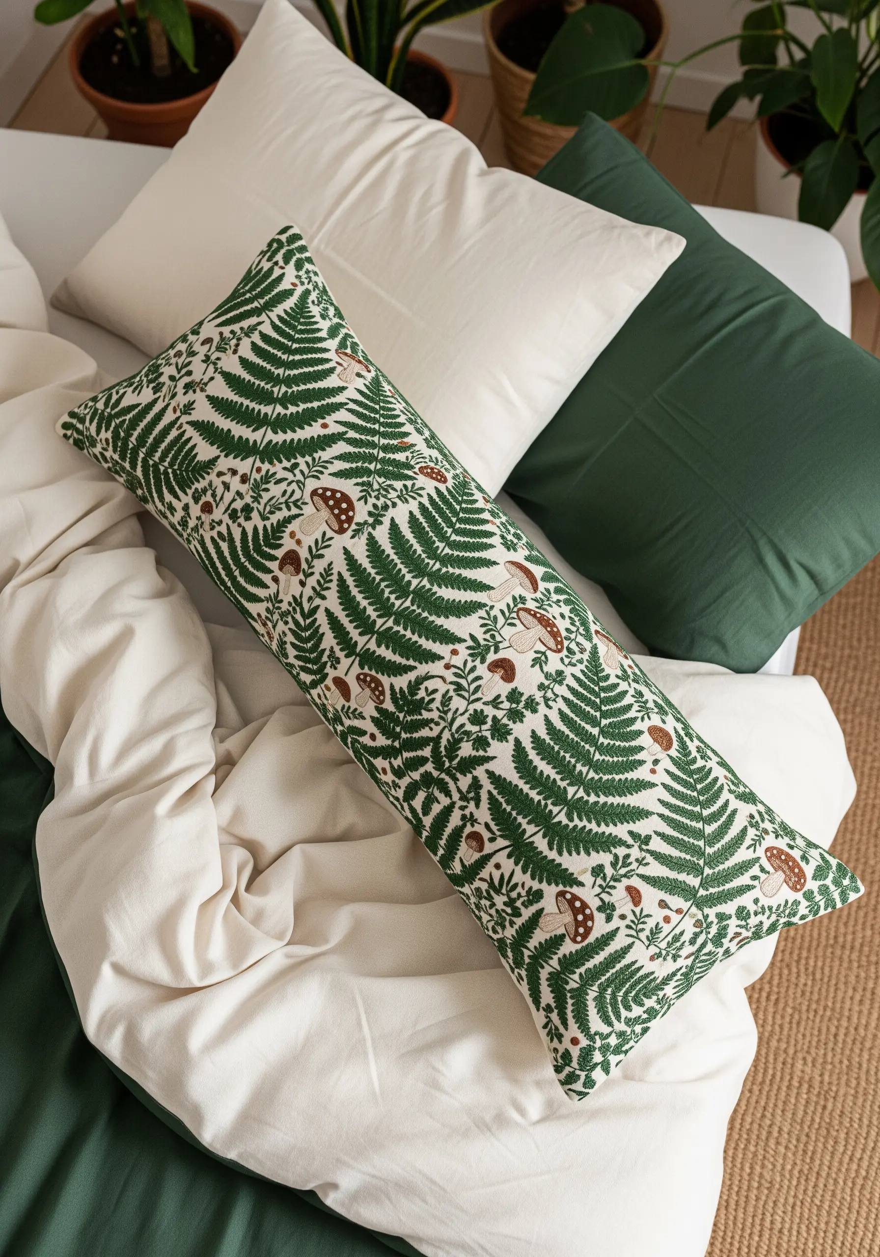 A rectangular cushion with an embroidered pattern of green ferns and small mushrooms.