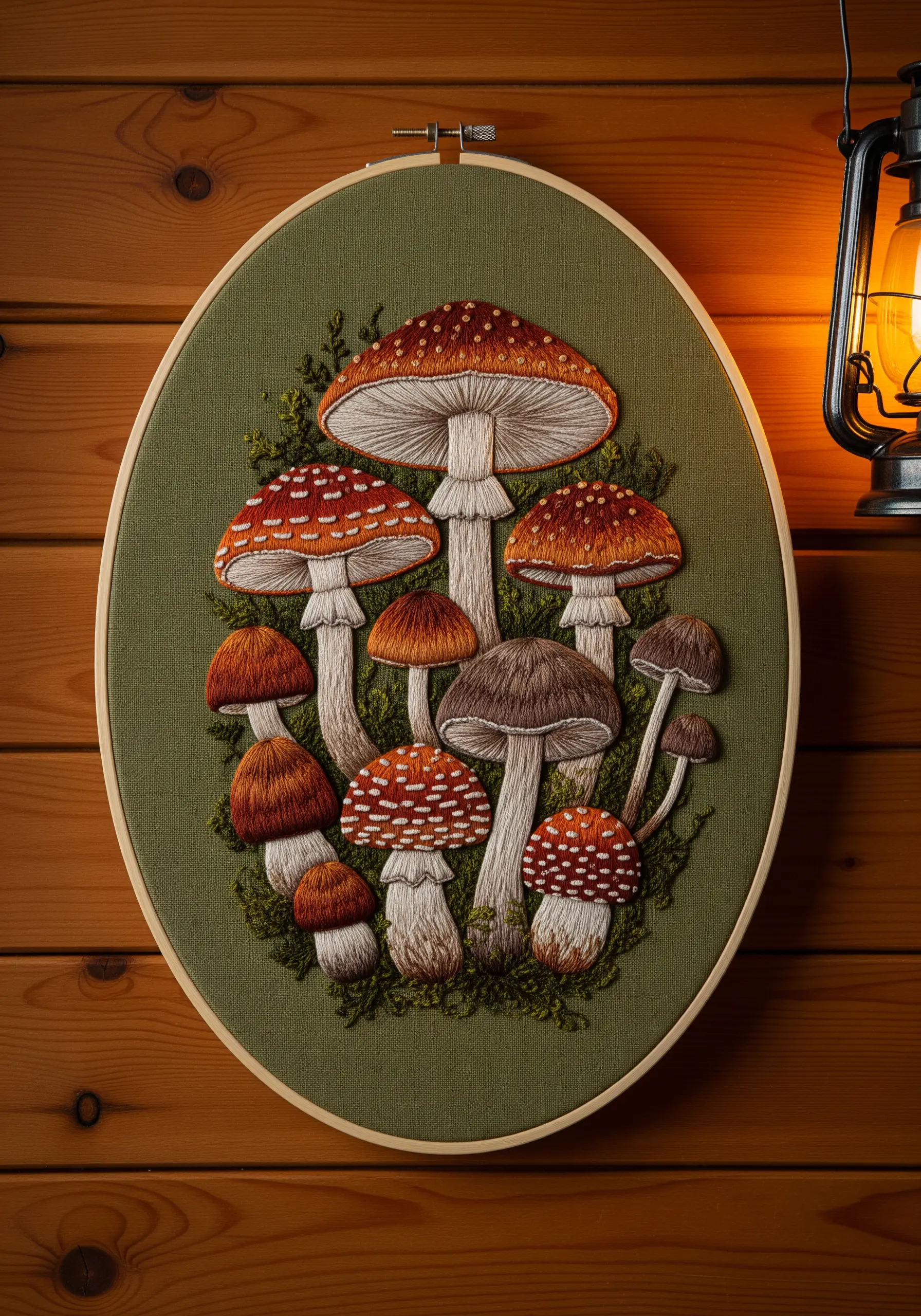 An oval hoop with a detailed embroidery of various mushrooms on a mossy ground.