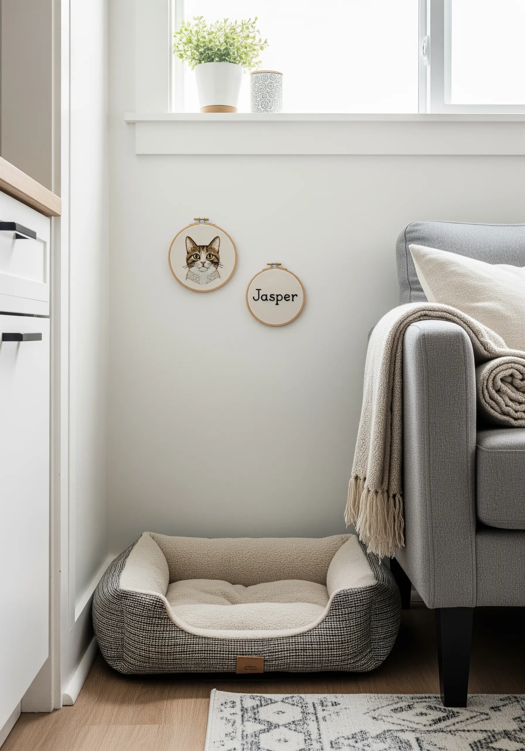 An embroidered cat portrait hoop next to a smaller hoop with the pet's name, 'Jasper'.