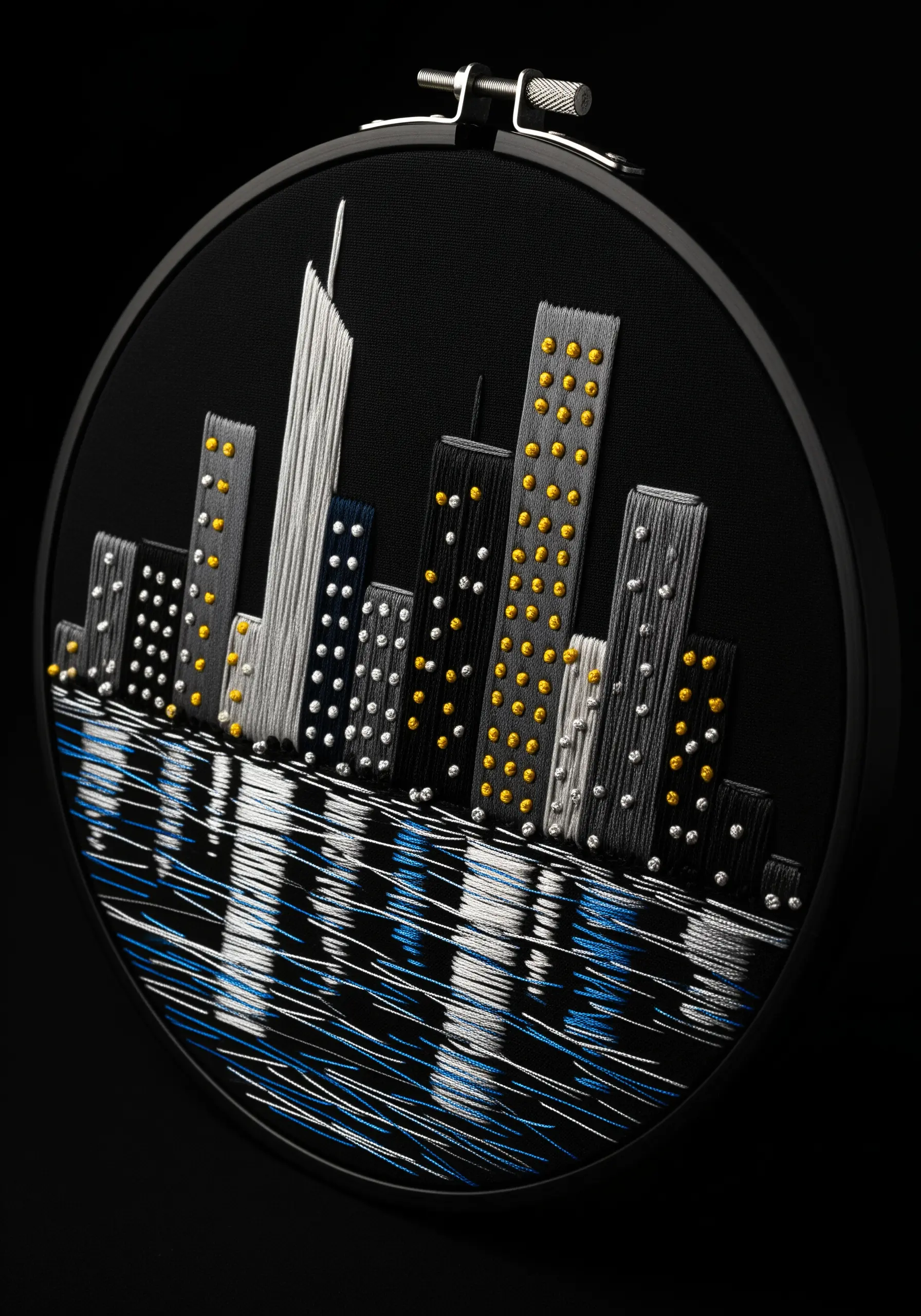 Embroidered city skyline at night with satin stitch buildings and French knot windows.