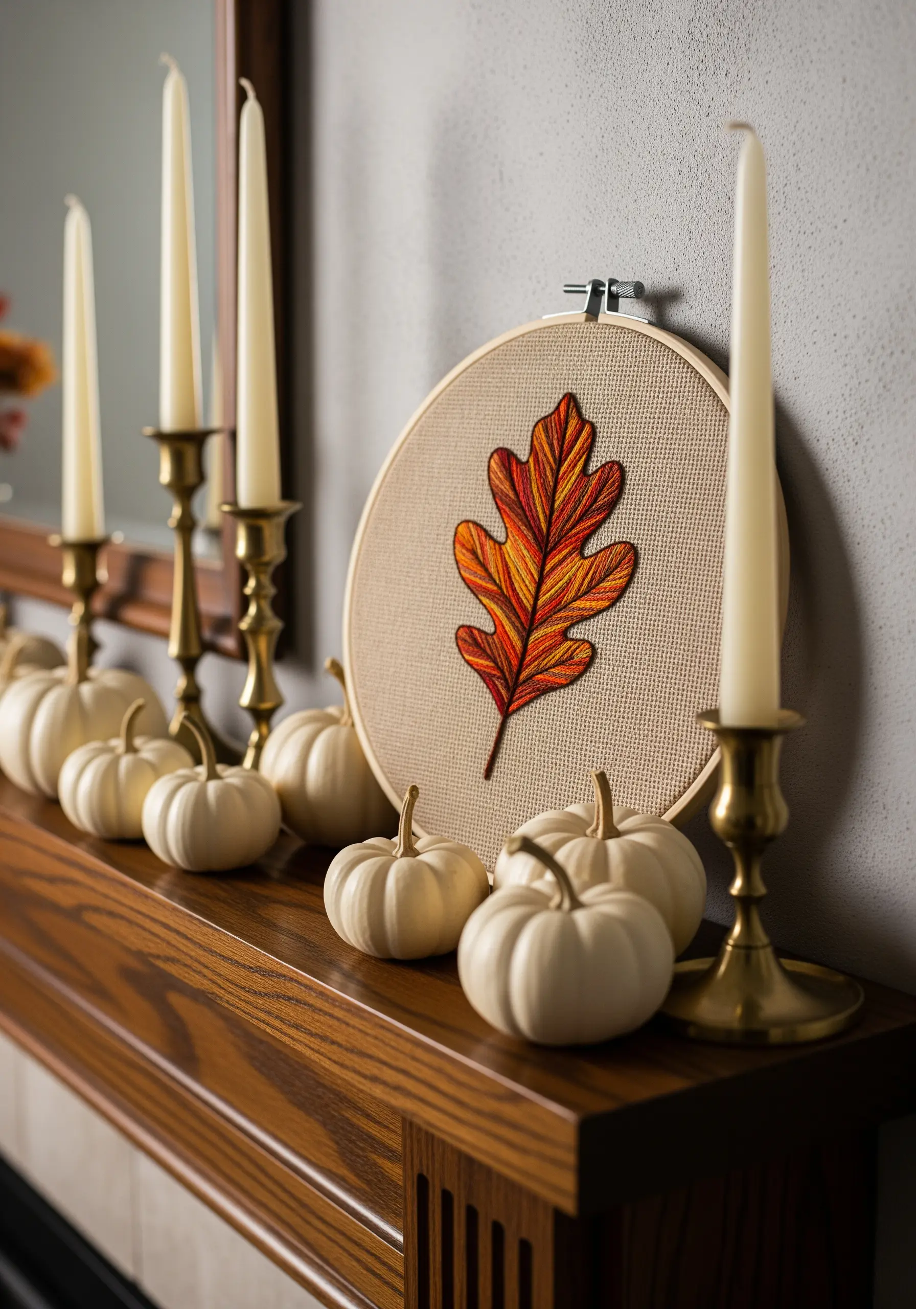 A single autumn oak leaf with red, orange, and yellow thread painting.