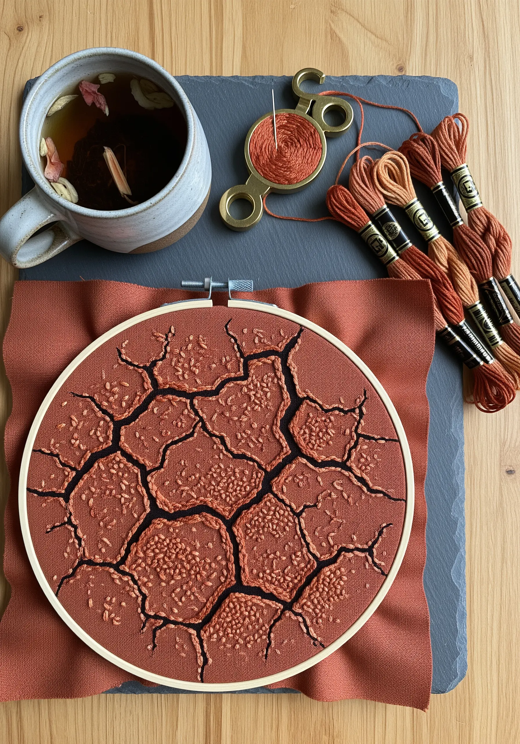 Embroidery of cracked dry earth in terracotta tones with seed stitch.
