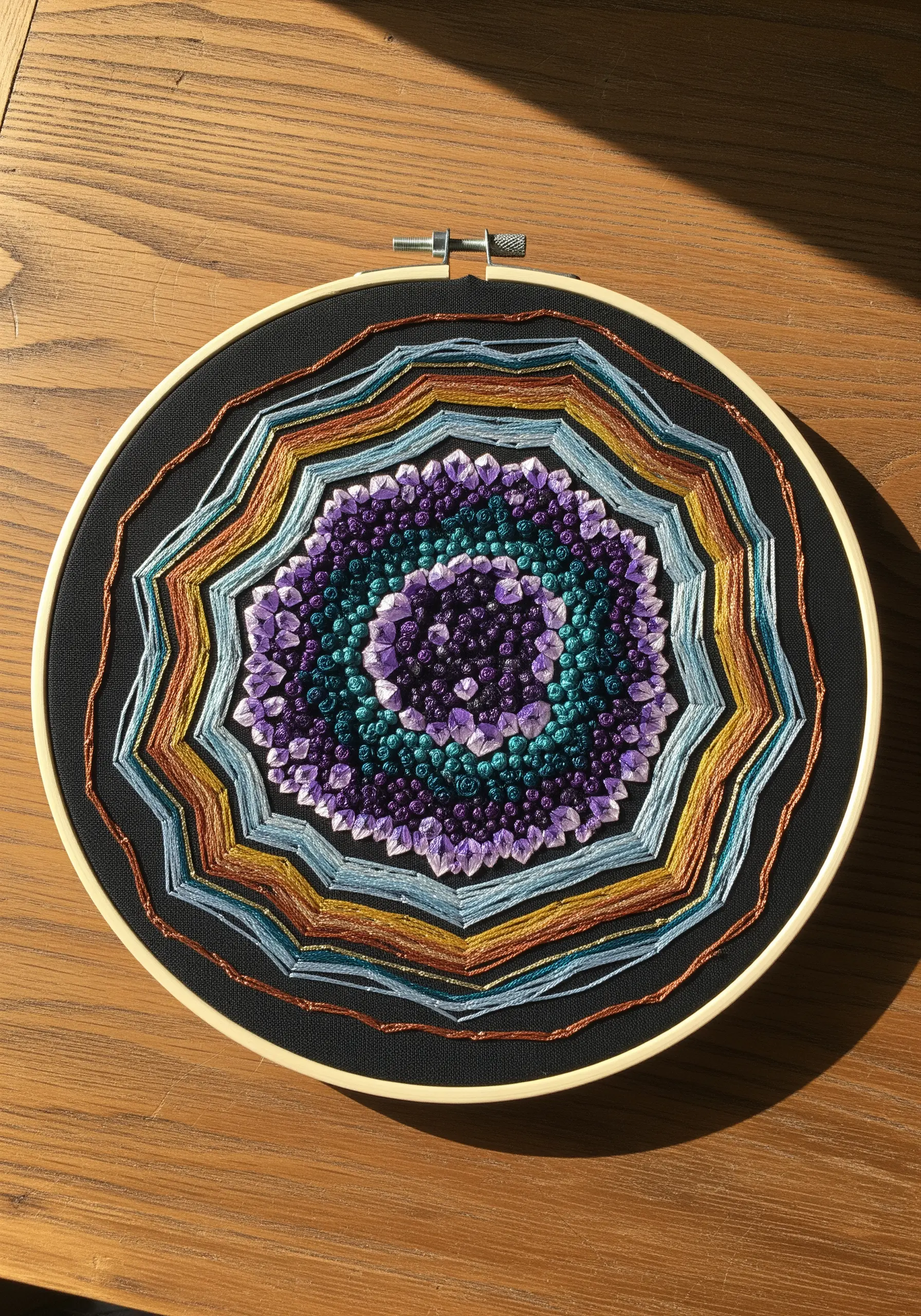 Embroidered amethyst geode with French knots and metallic thread in a hoop.