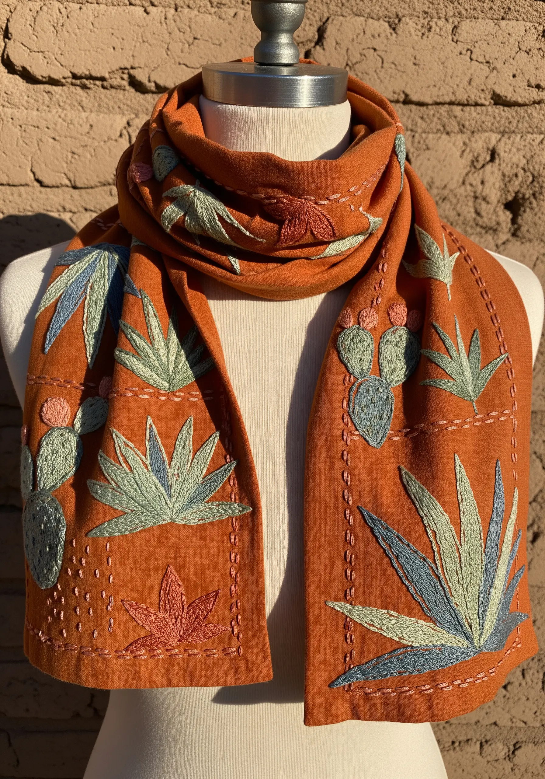 Embroidered agave, prickly pear cactus, and succulent motifs on a terracotta-colored scarf.