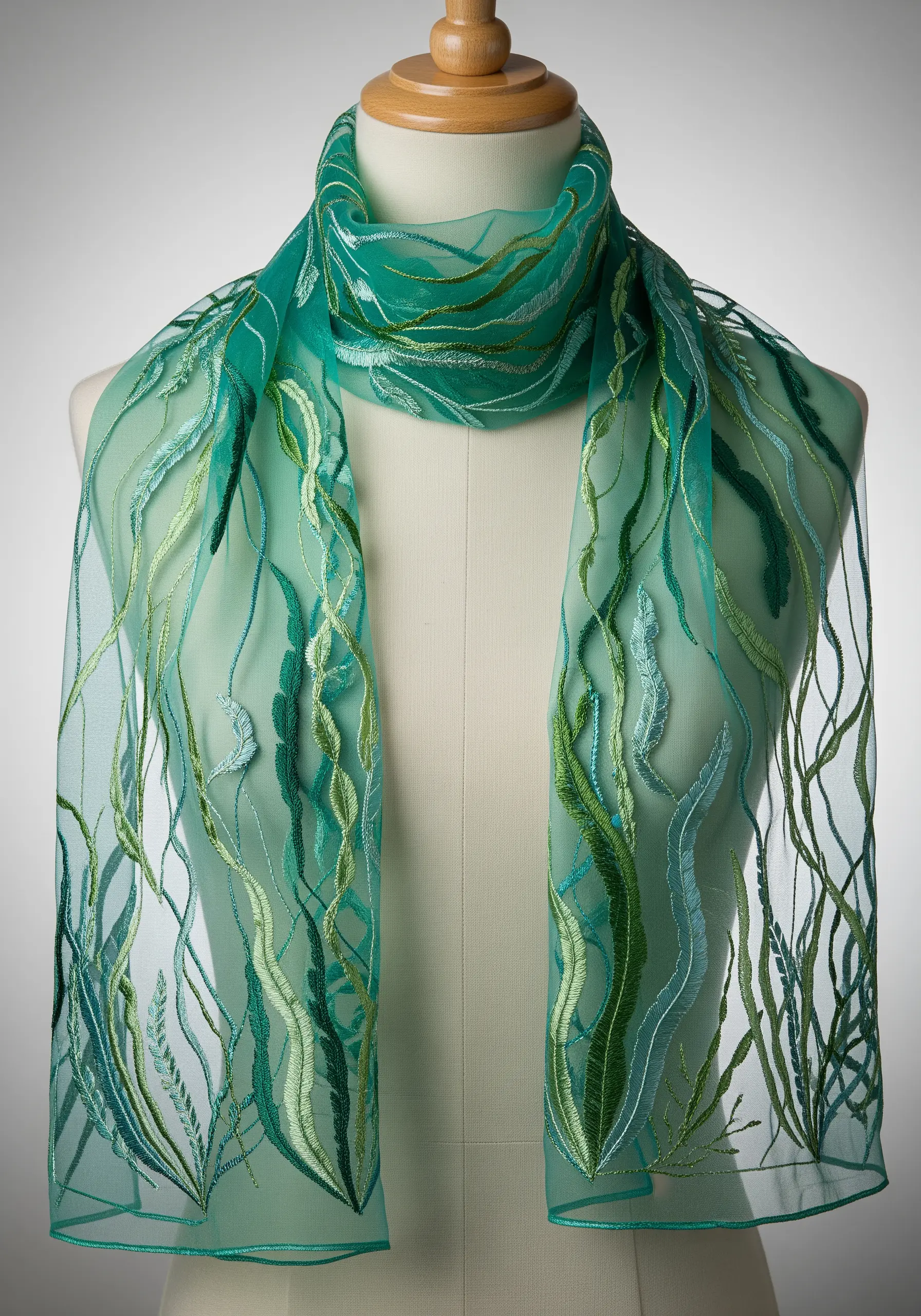 Abstract, flowing lines of green embroidery suggesting seaweed on a sheer green scarf.