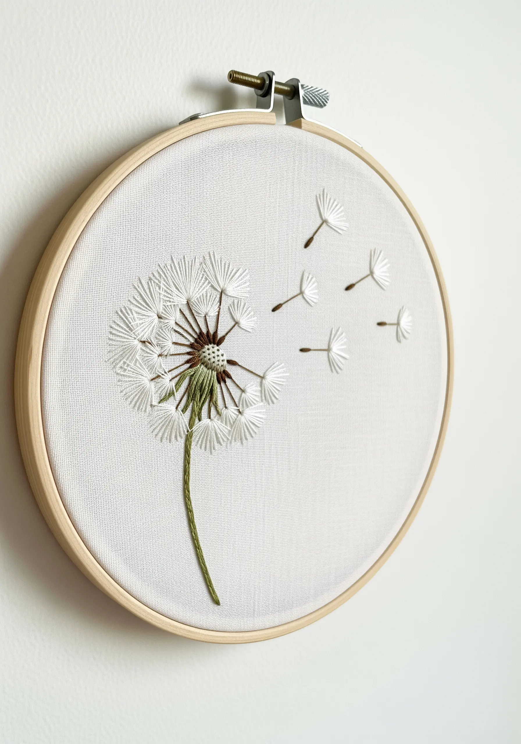 Minimalist embroidery of a dandelion with seeds blowing in the wind.