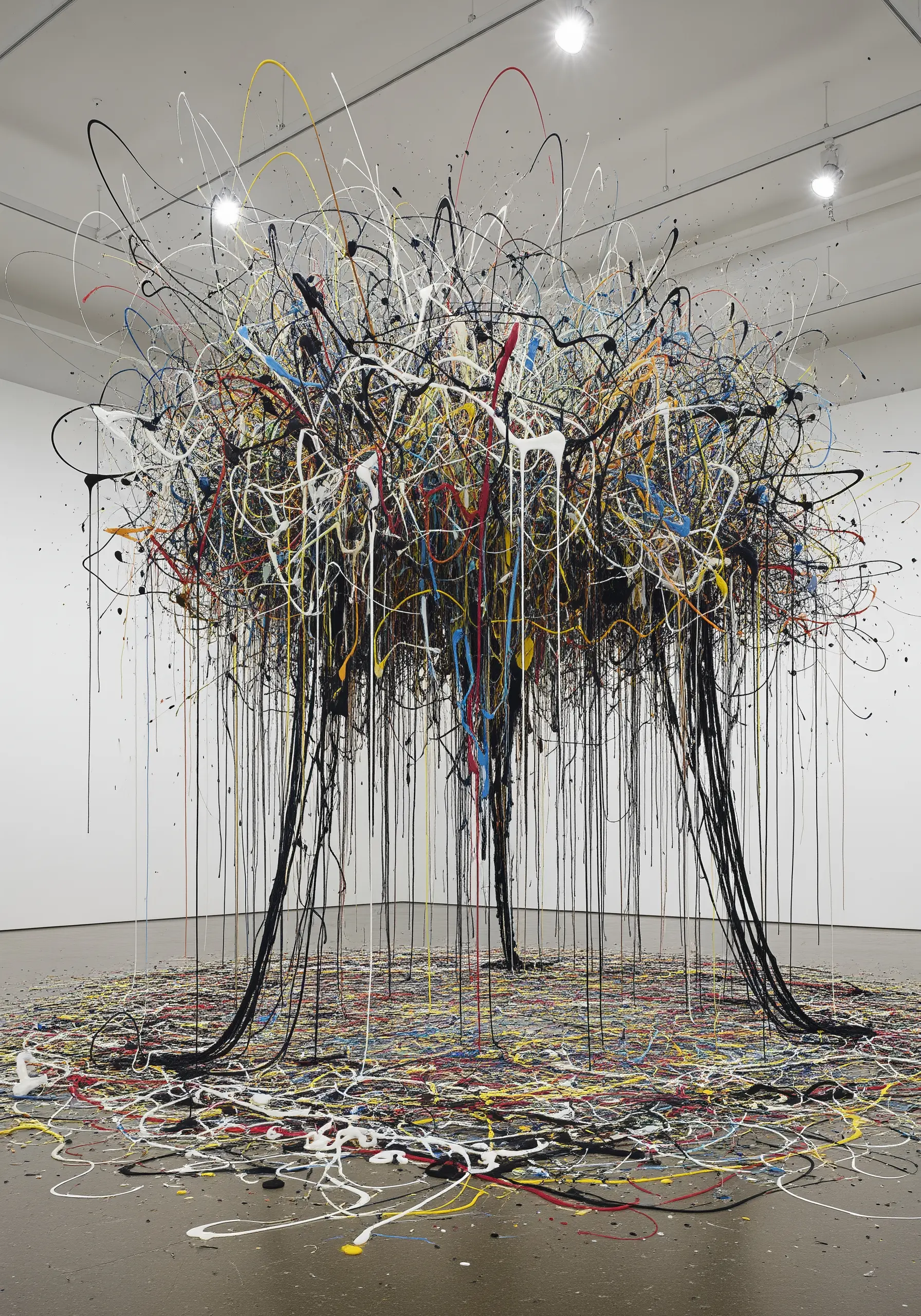 A 3D fiber art sculpture mimicking a Jackson Pollock drip painting with stiffened, colorful threads.