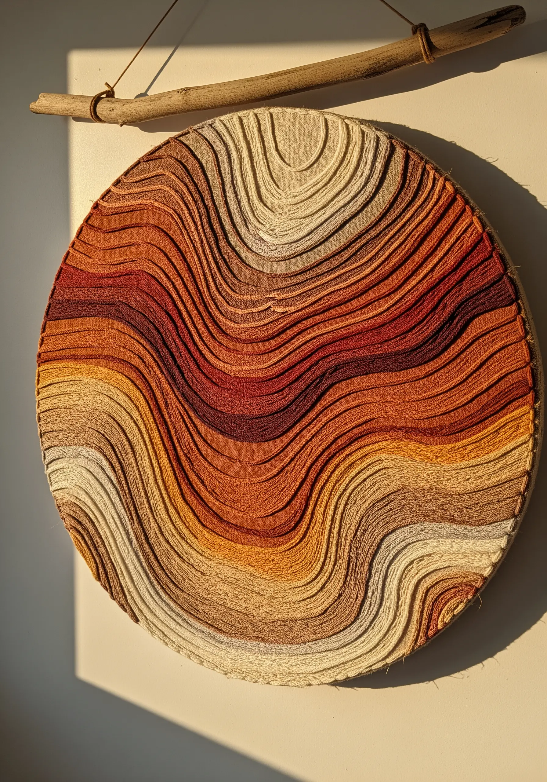 Abstract circular wall hanging with warm, earthy color gradients.