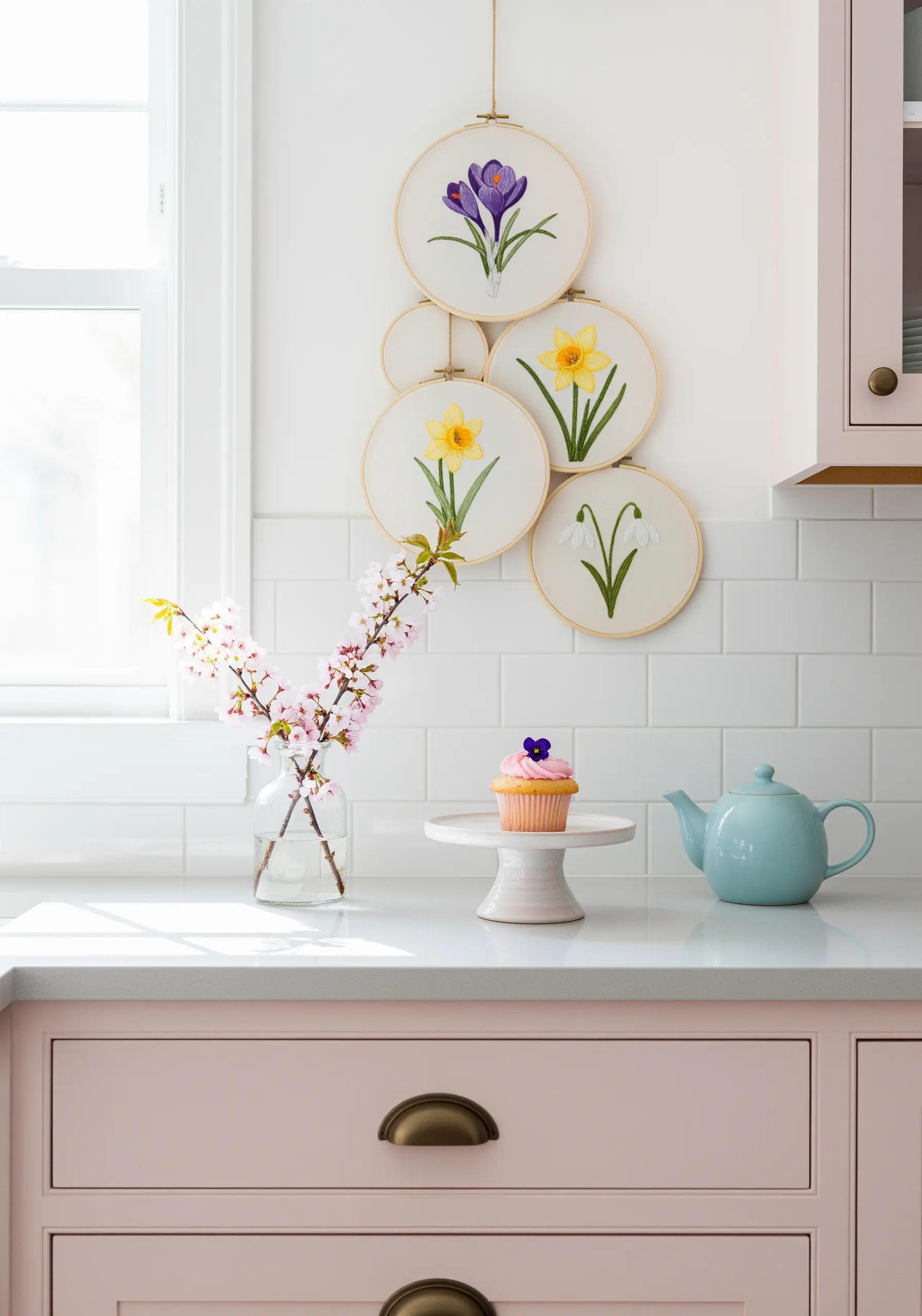A cascading arrangement of four embroidery hoops featuring spring flowers like crocus and daffodil.