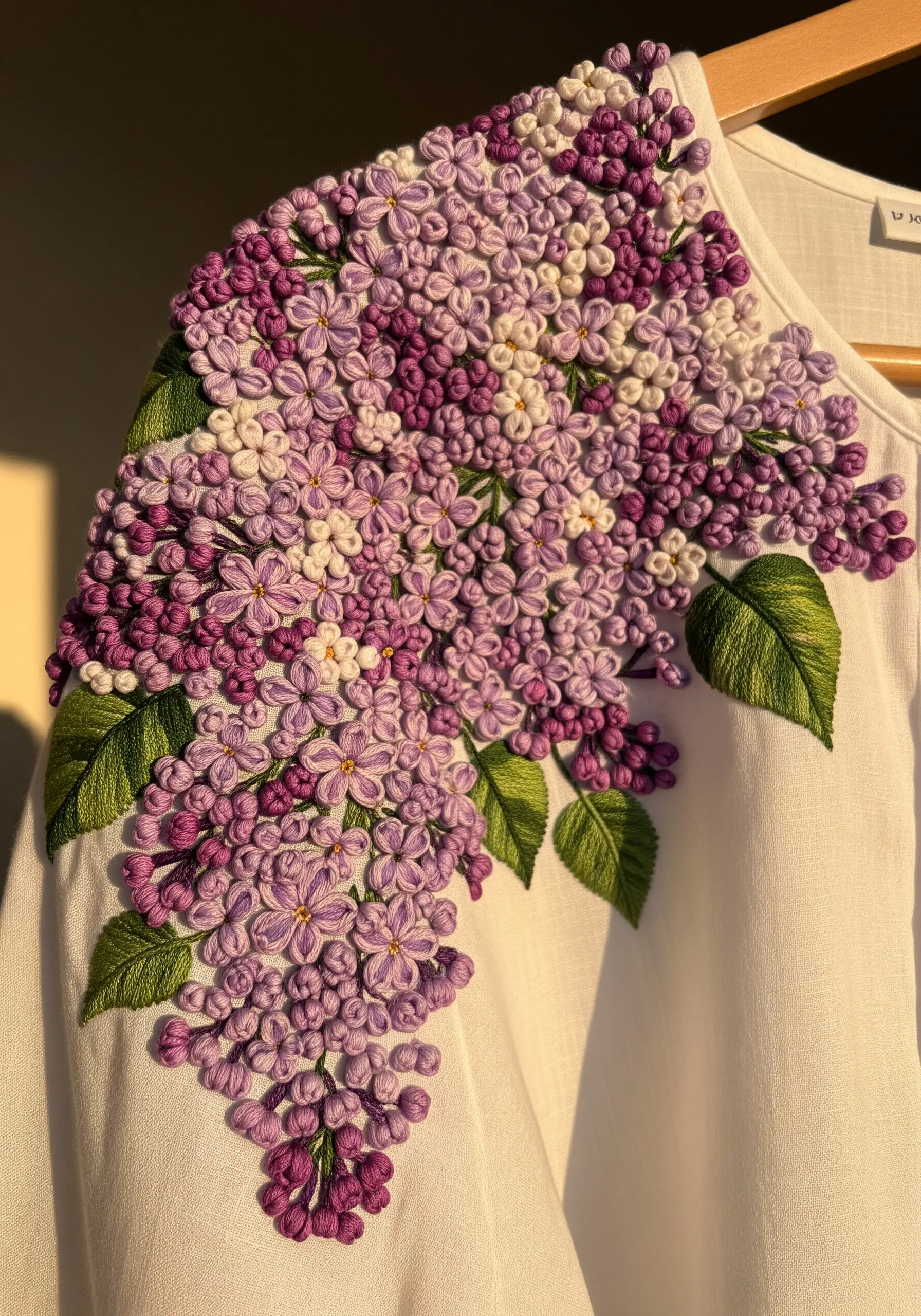 A dense cascade of embroidered lilac flowers in shades of purple covering the shoulder of a shirt.