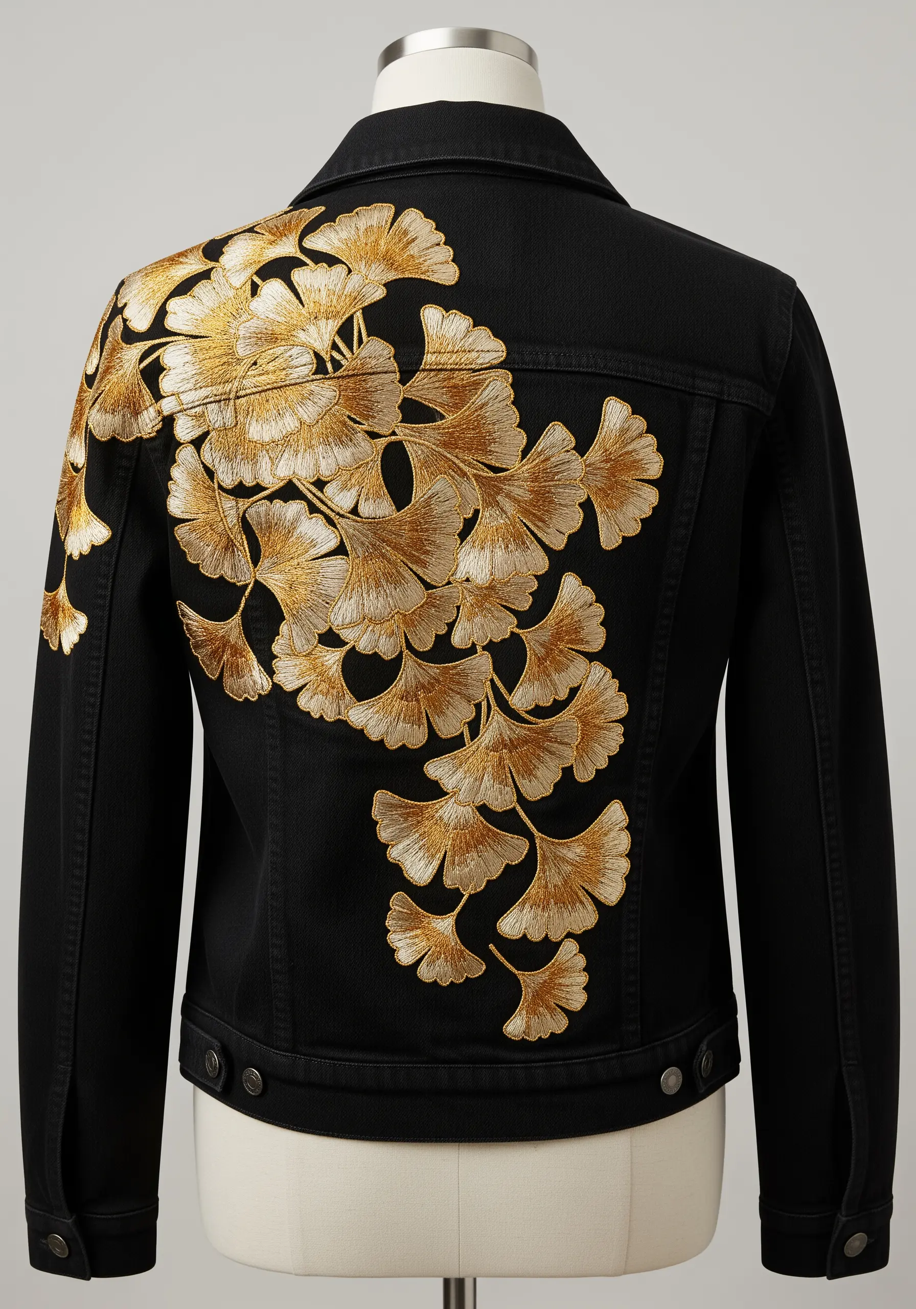 Gold metallic ginkgo leaf embroidery on the back of a black denim jacket.
