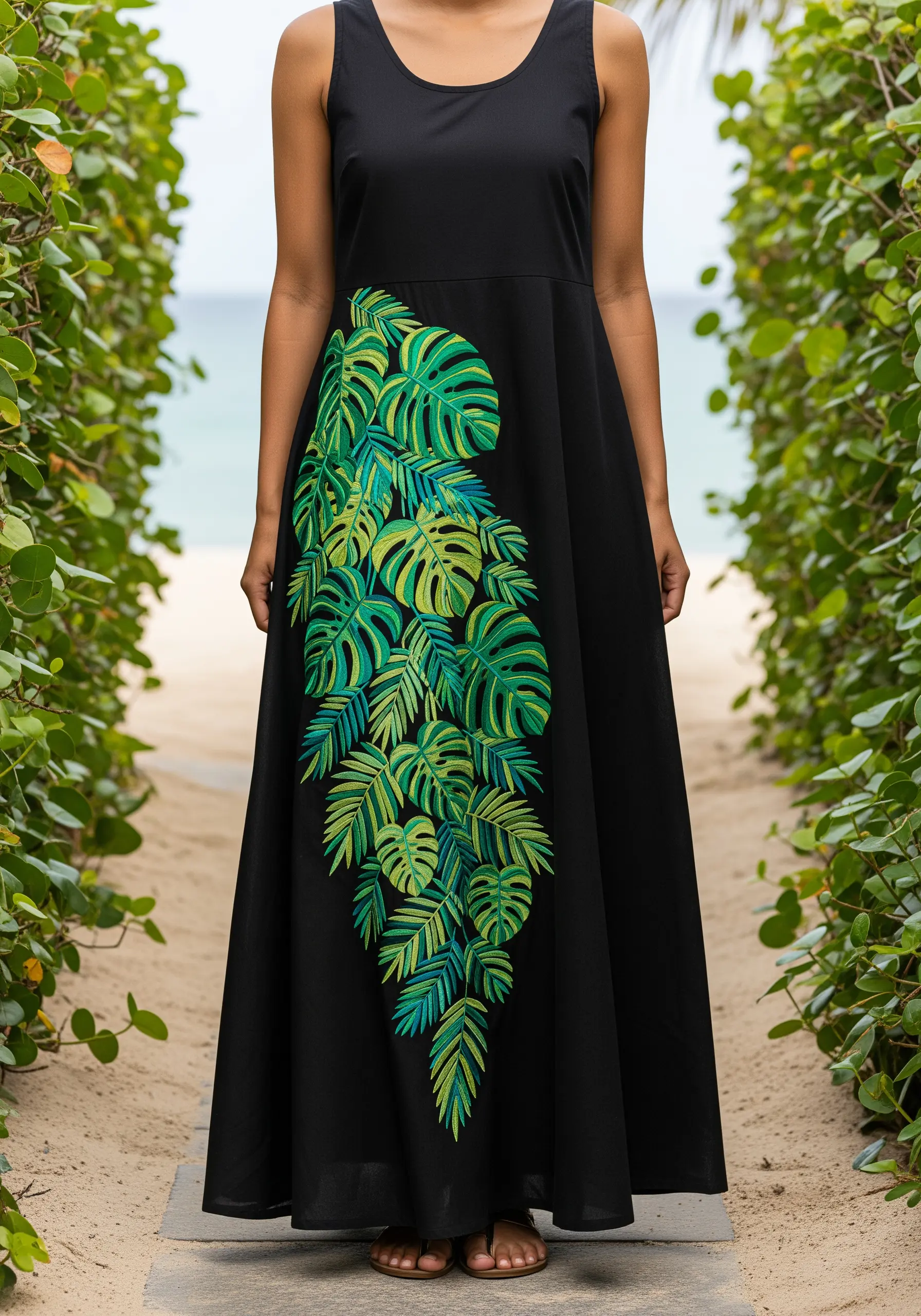 A large, cascading vine of embroidered monstera leaves in shades of green on a black maxi dress.