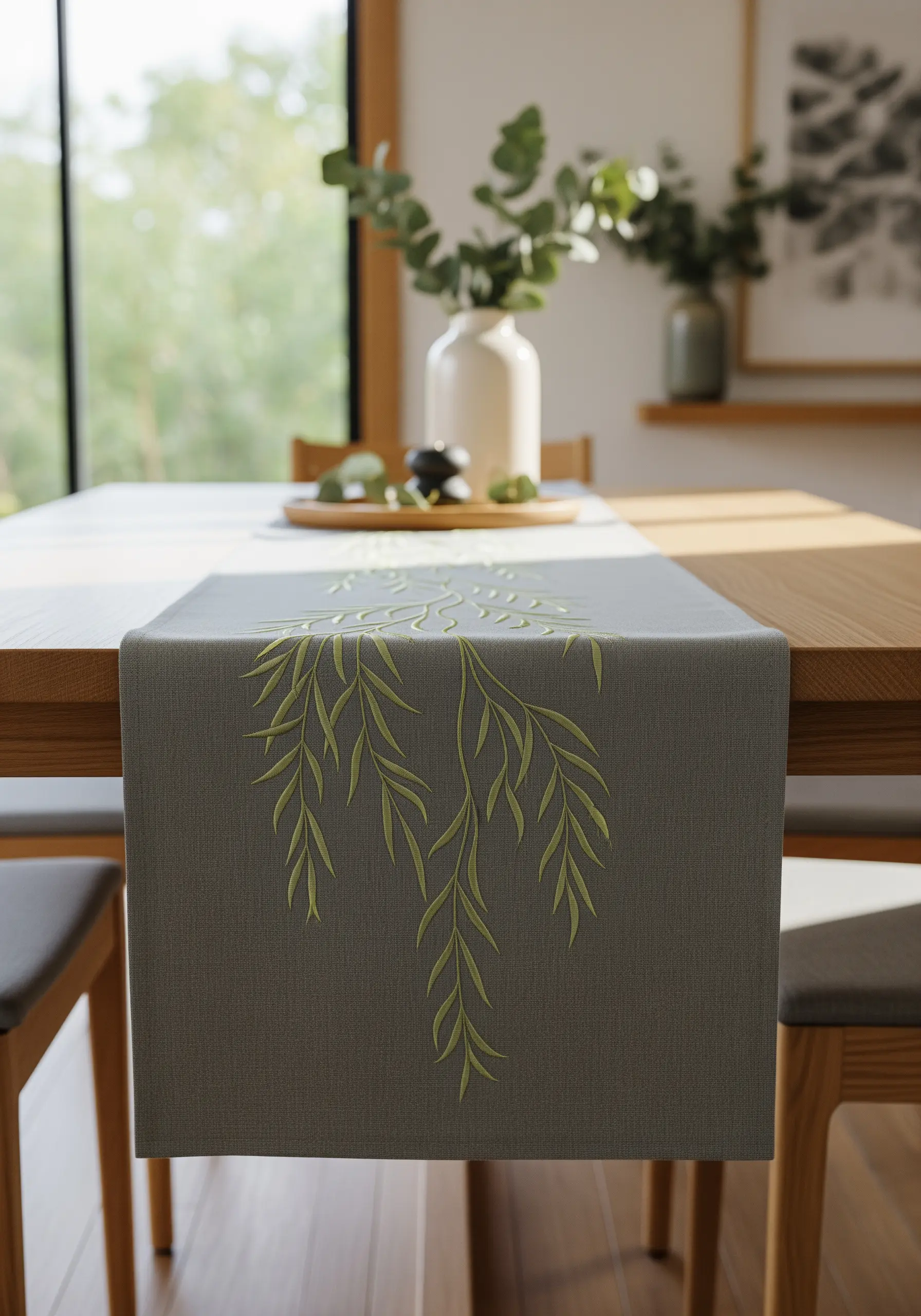 Cascading willow branches in a fresh green thread on a gray table runner