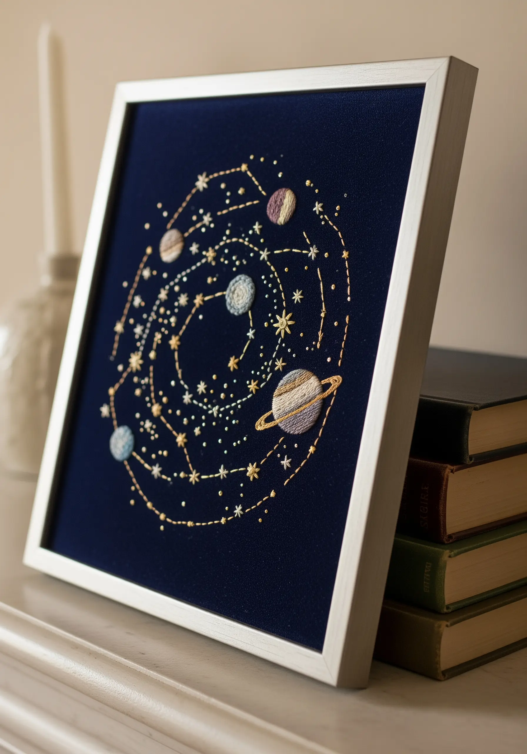 A framed embroidery of a solar system map on dark blue fabric with metallic threads.