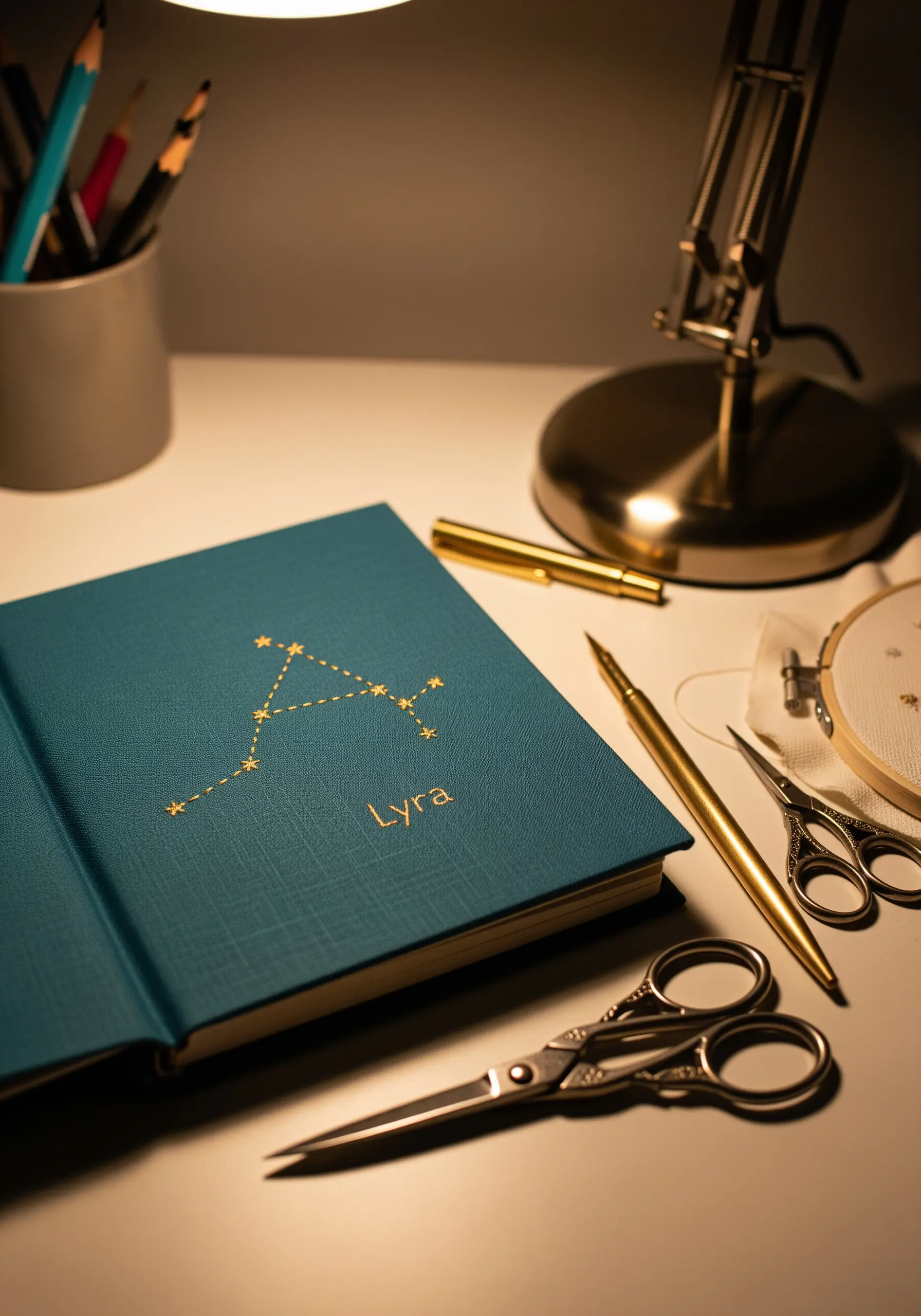 A gold-thread embroidered Lyra constellation on the cover of a dark blue journal.