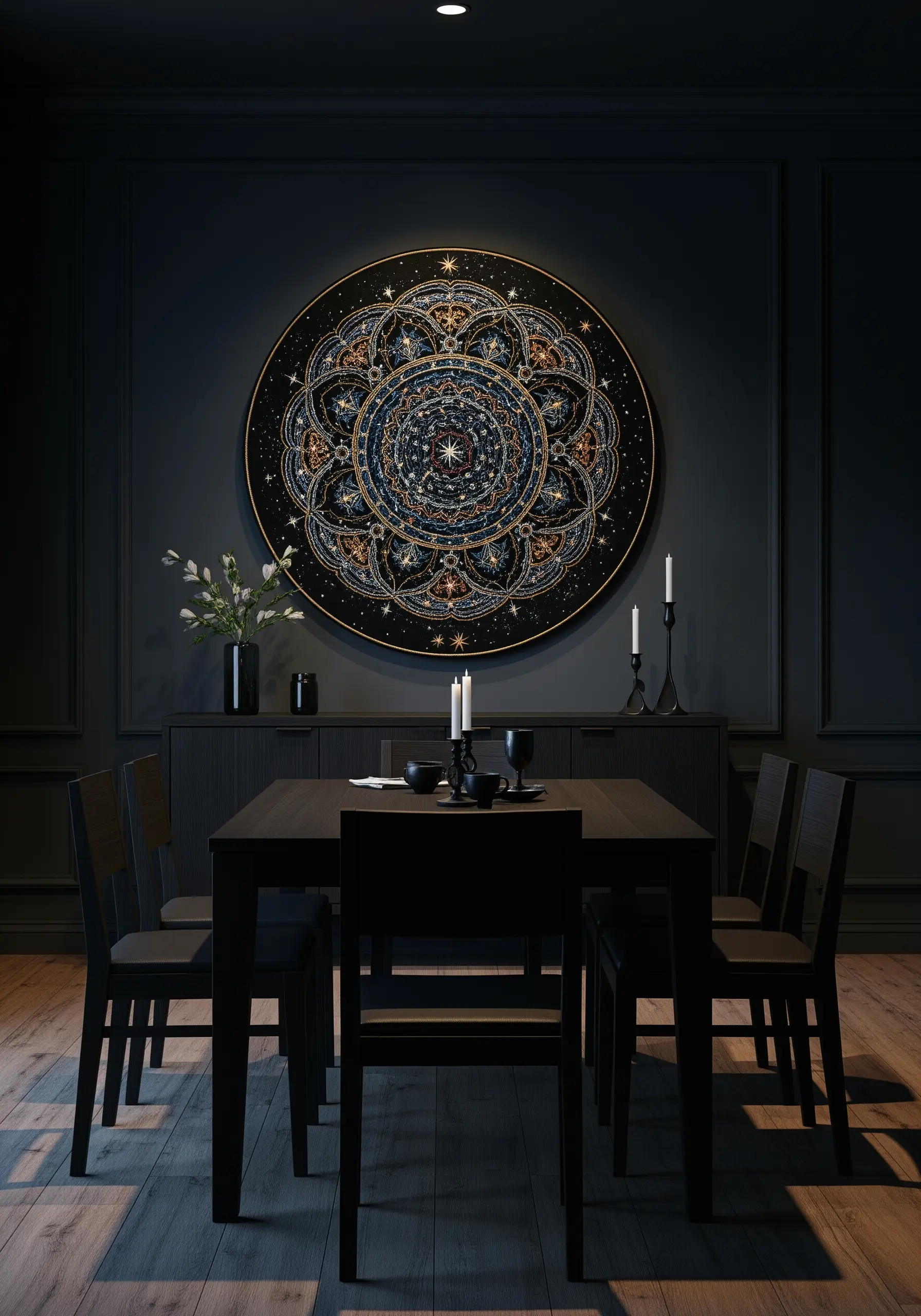 Large, intricate cosmic mandala with beadwork hanging in a dark dining room.
