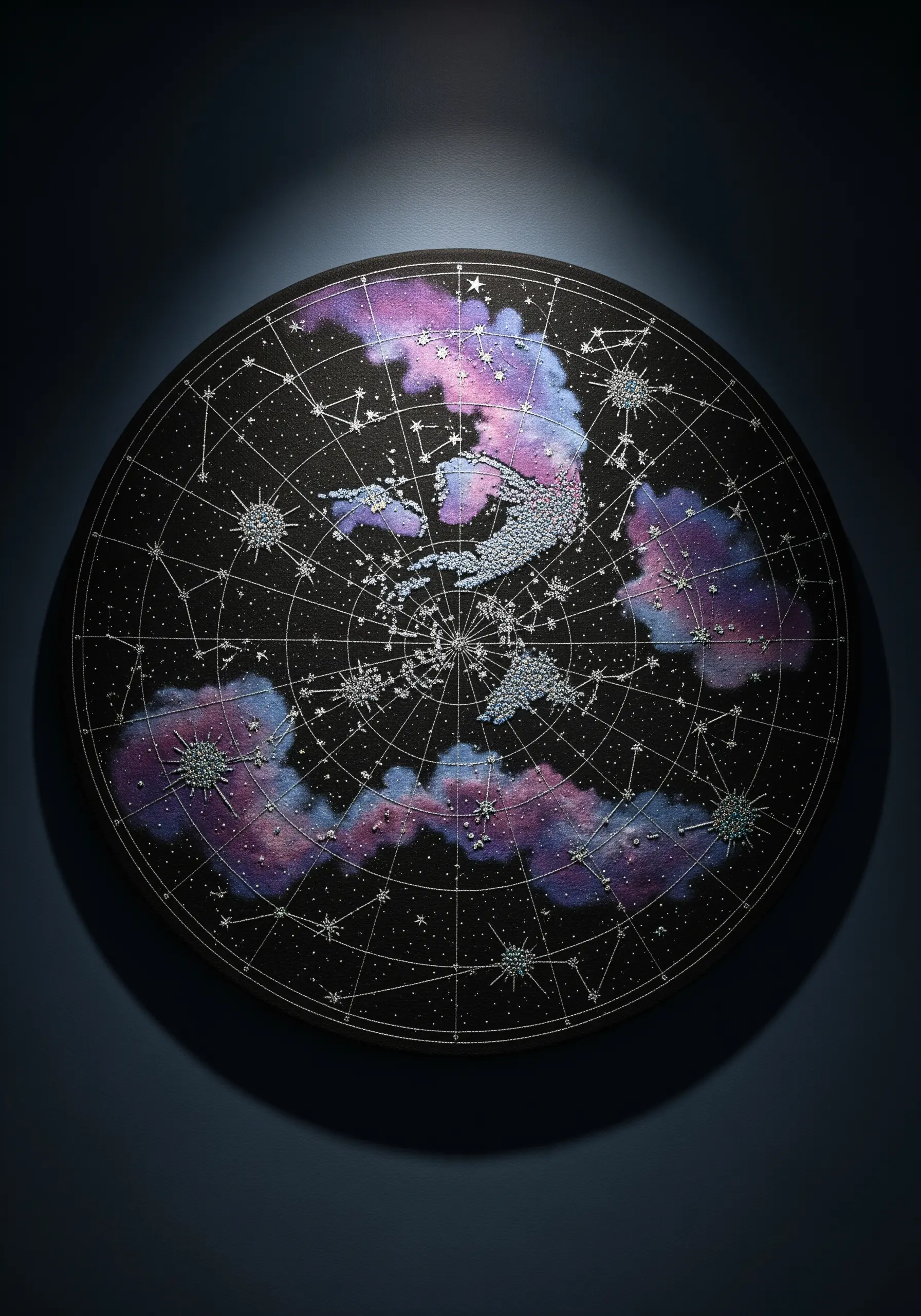 Embroidered celestial map on a round black canvas with beaded stars and purple nebulae.
