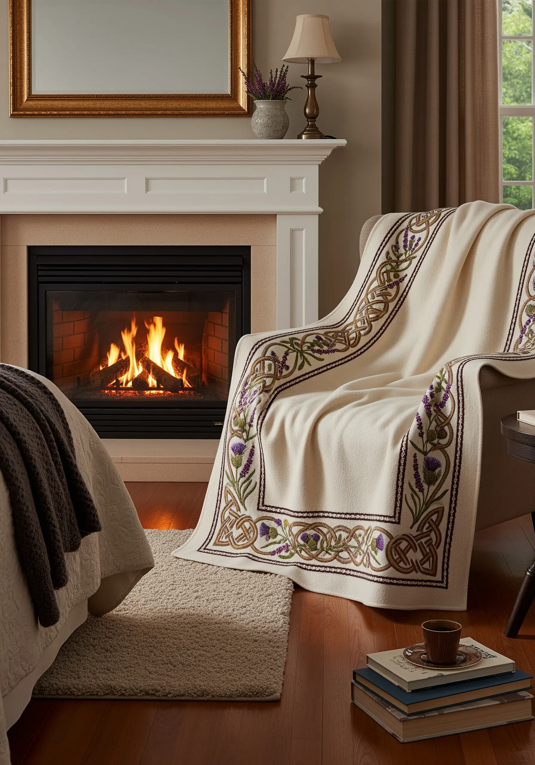 A cream-colored throw blanket draped over a chair, featuring an embroidered border of Celtic knots and lavender.