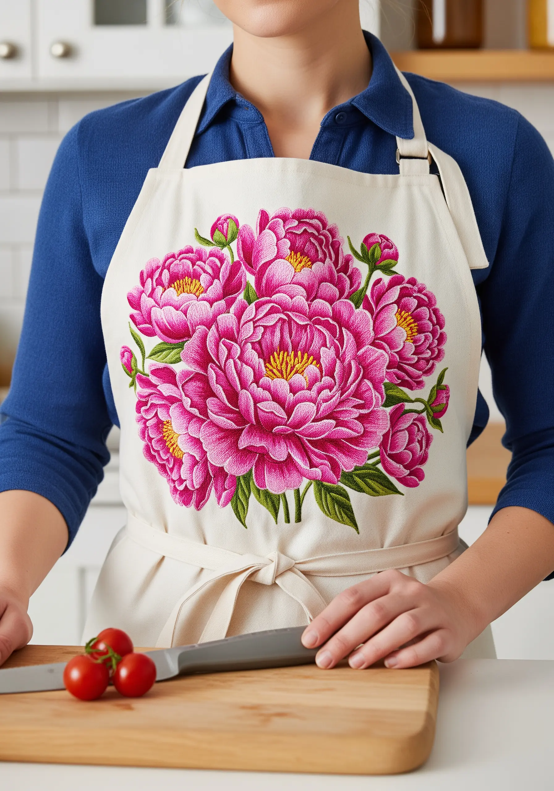 A large, vibrant bouquet of pink peonies embroidered on the front of a canvas apron.