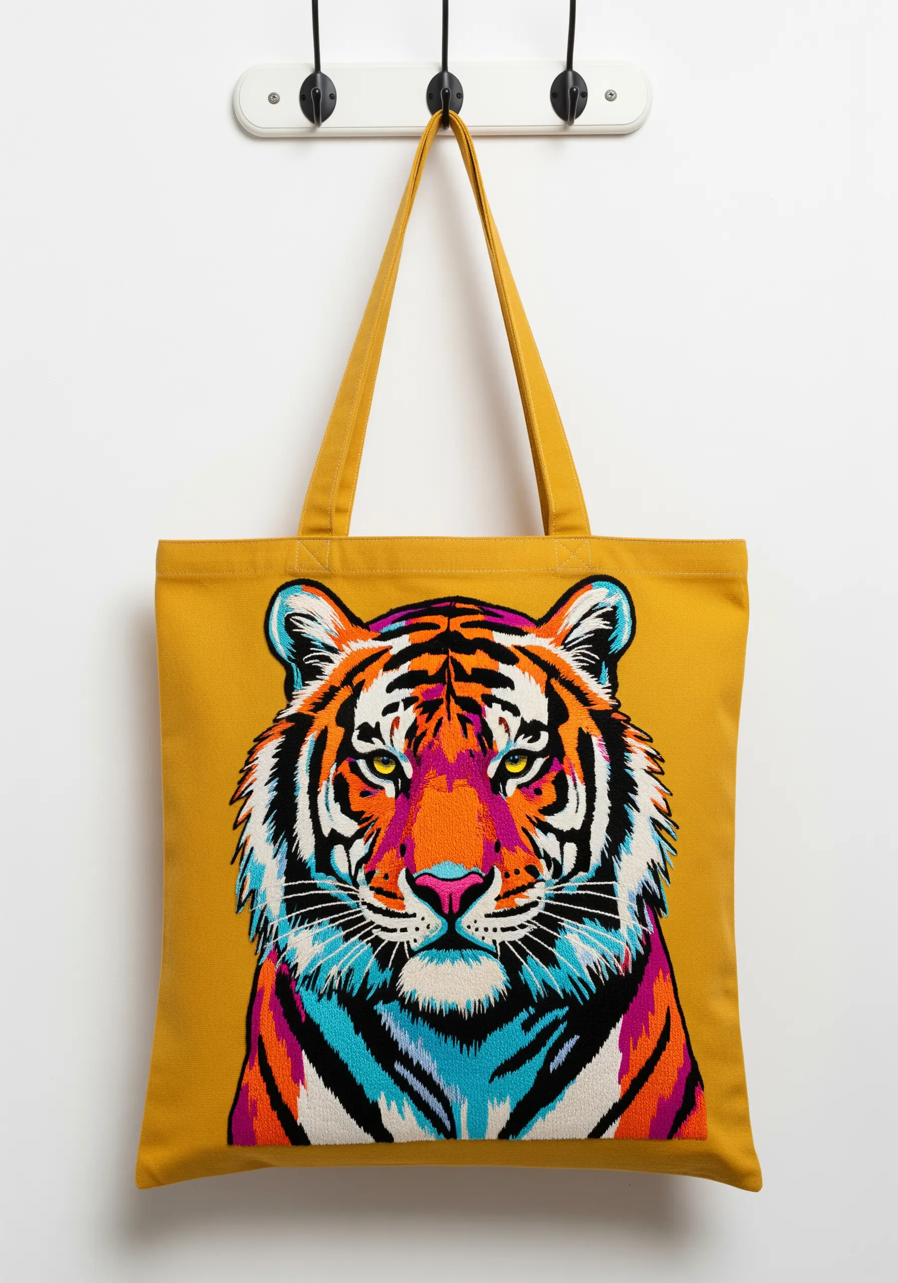 A pop art style tiger embroidered in vibrant, unrealistic colors on a yellow tote