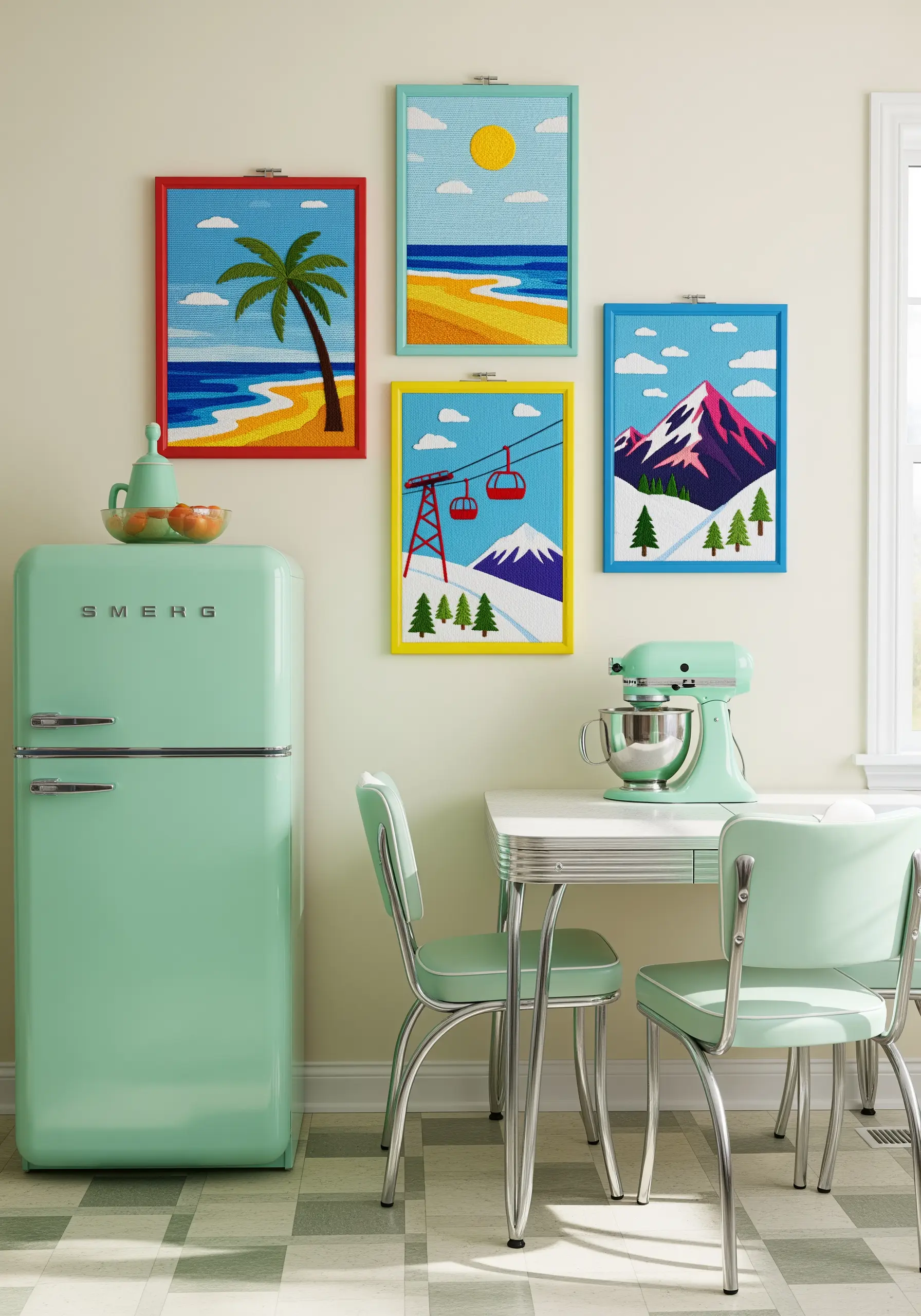 A collection of four retro-style embroidered landscapes in brightly colored frames.