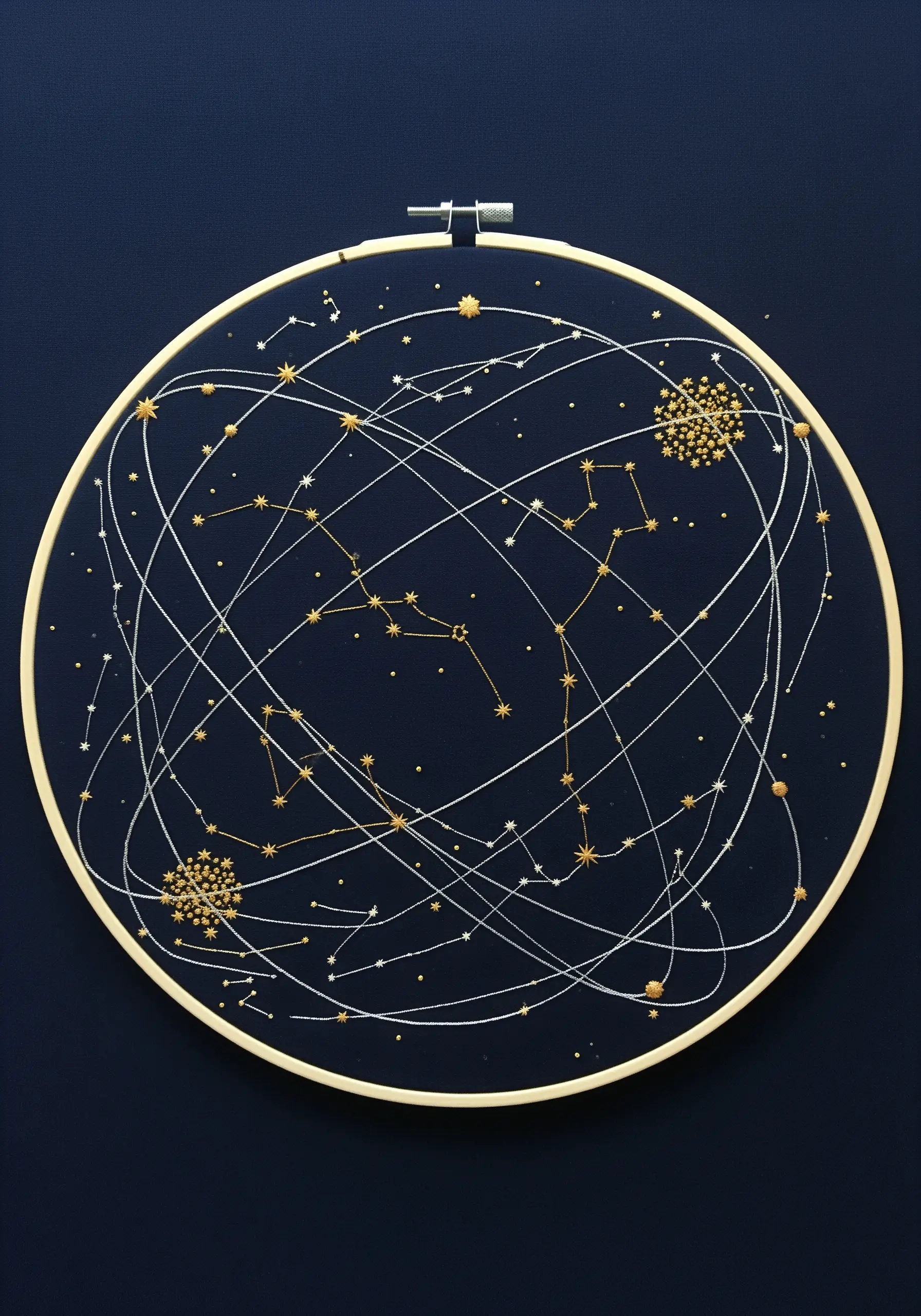 Celestial embroidery on navy fabric showing constellations and intersecting orbital lines.