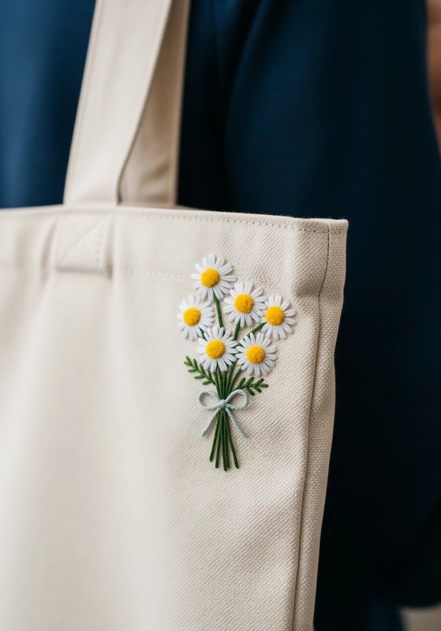 A small bouquet of white and yellow daisies tied with a bow, embroidered on a canvas tote bag.