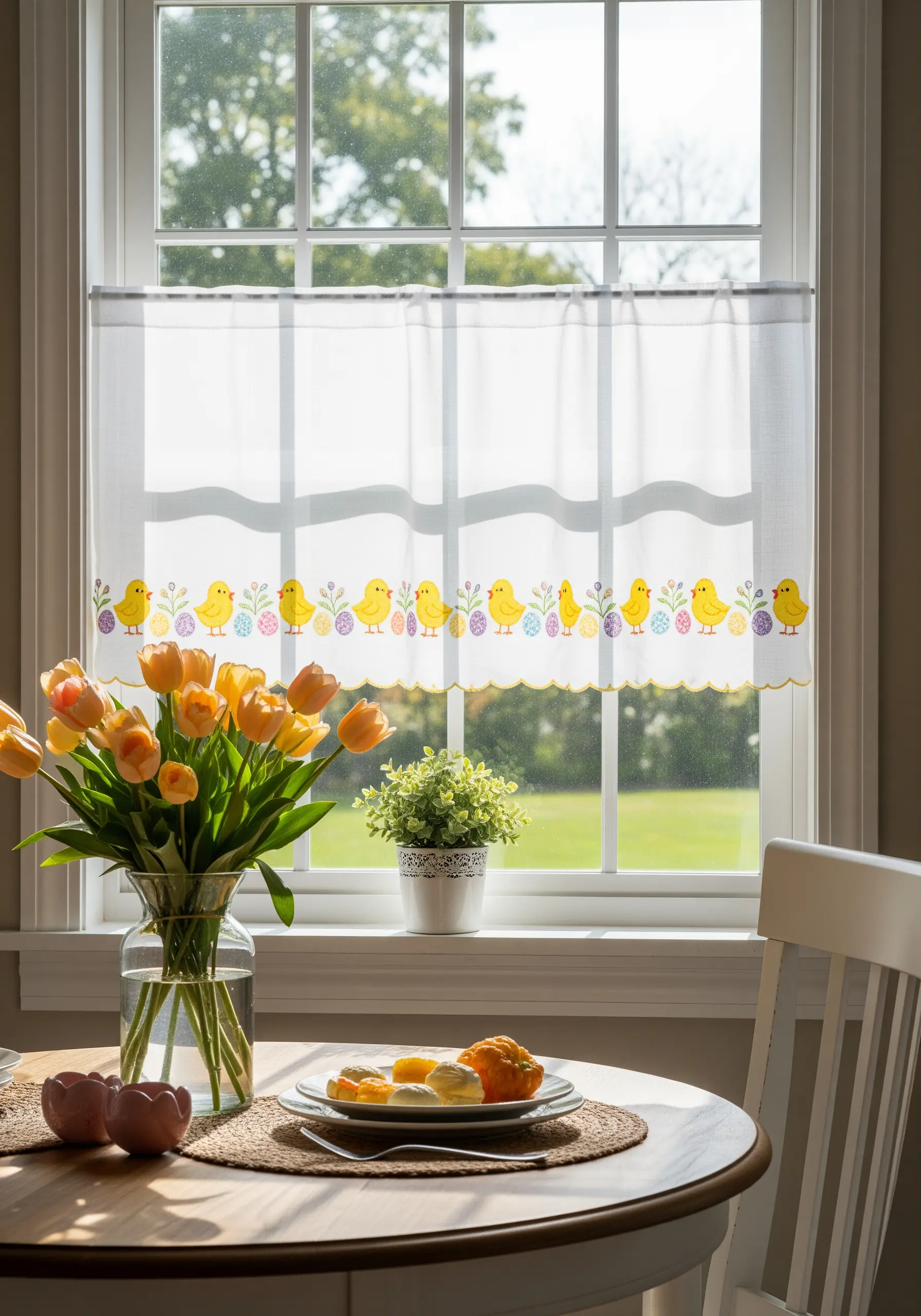 A white kitchen window valance with an embroidered border of Easter chicks and eggs.