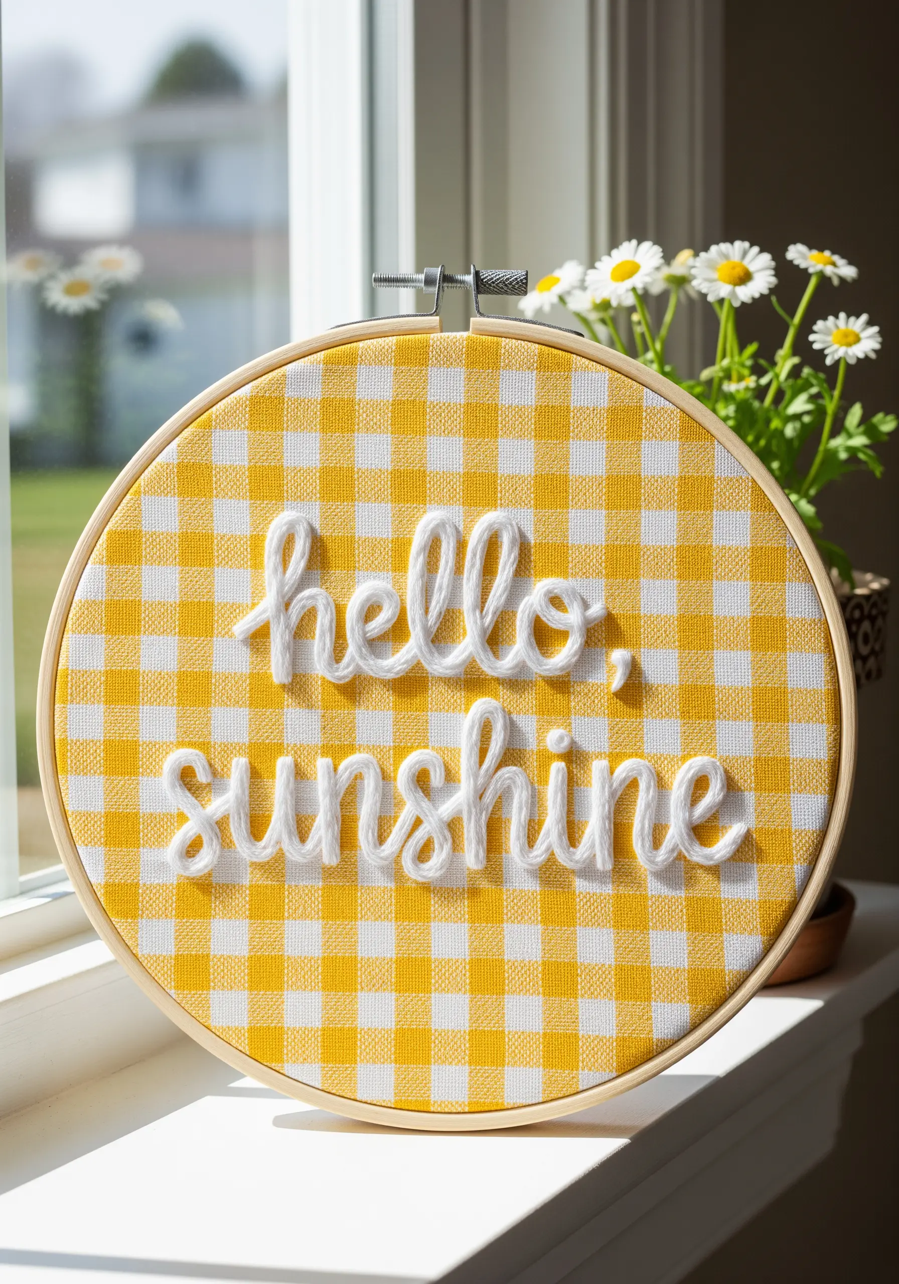 'Hello, sunshine' in chunky white couched yarn on a yellow and white gingham fabric.