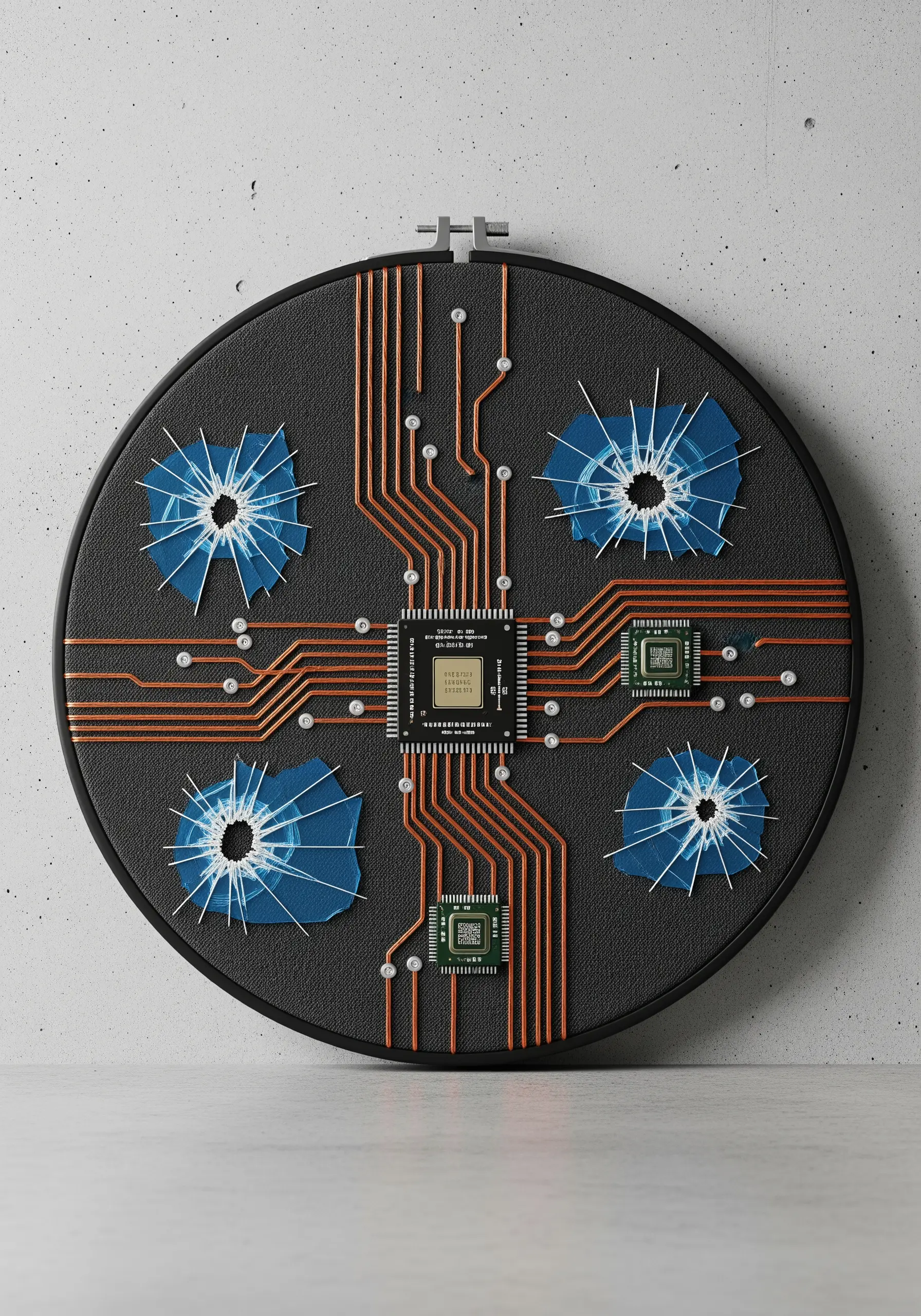 Embroidered circuit board with metallic thread, microchips, and shattered blue plastic accents.