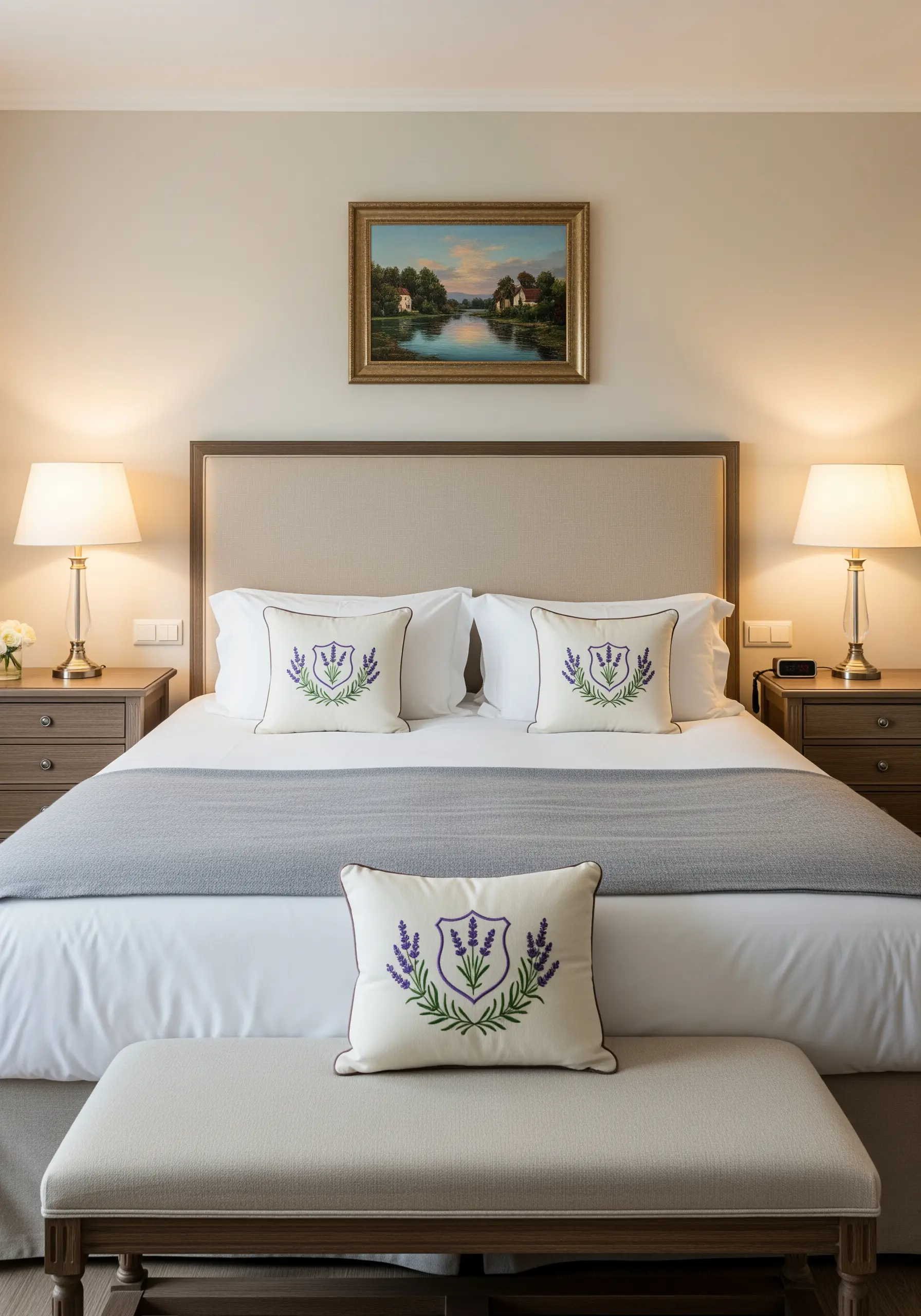 Three pillows on a bed, each featuring an embroidered crest with lavender sprigs.