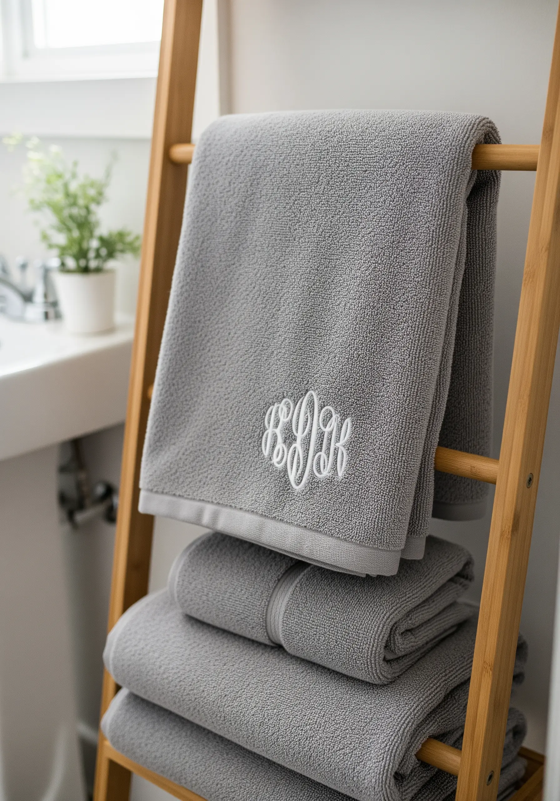 A classic white interlocking script monogram embroidered on a gray terry cloth towel.