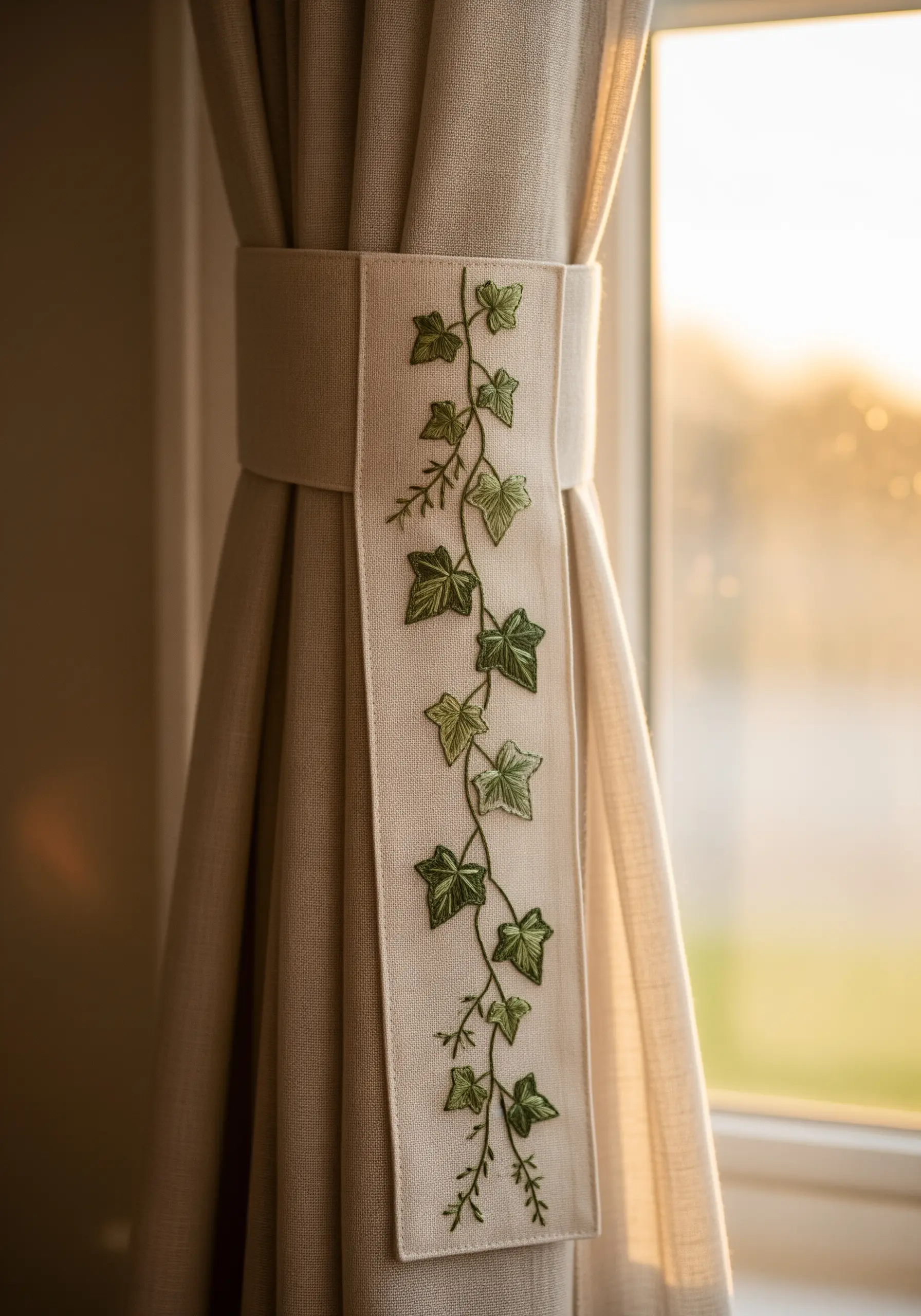 Embroidered ivy vine with variegated green leaves on a linen curtain tie-back.