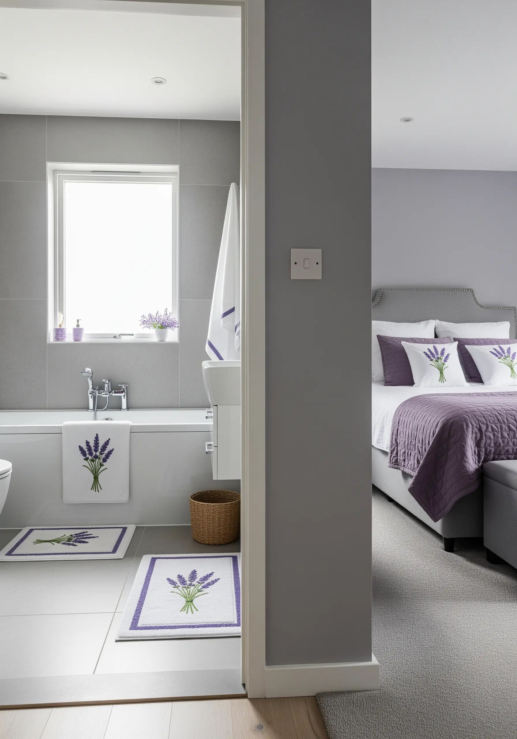 A view from a bedroom into a bathroom, both decorated with matching embroidered lavender motifs.