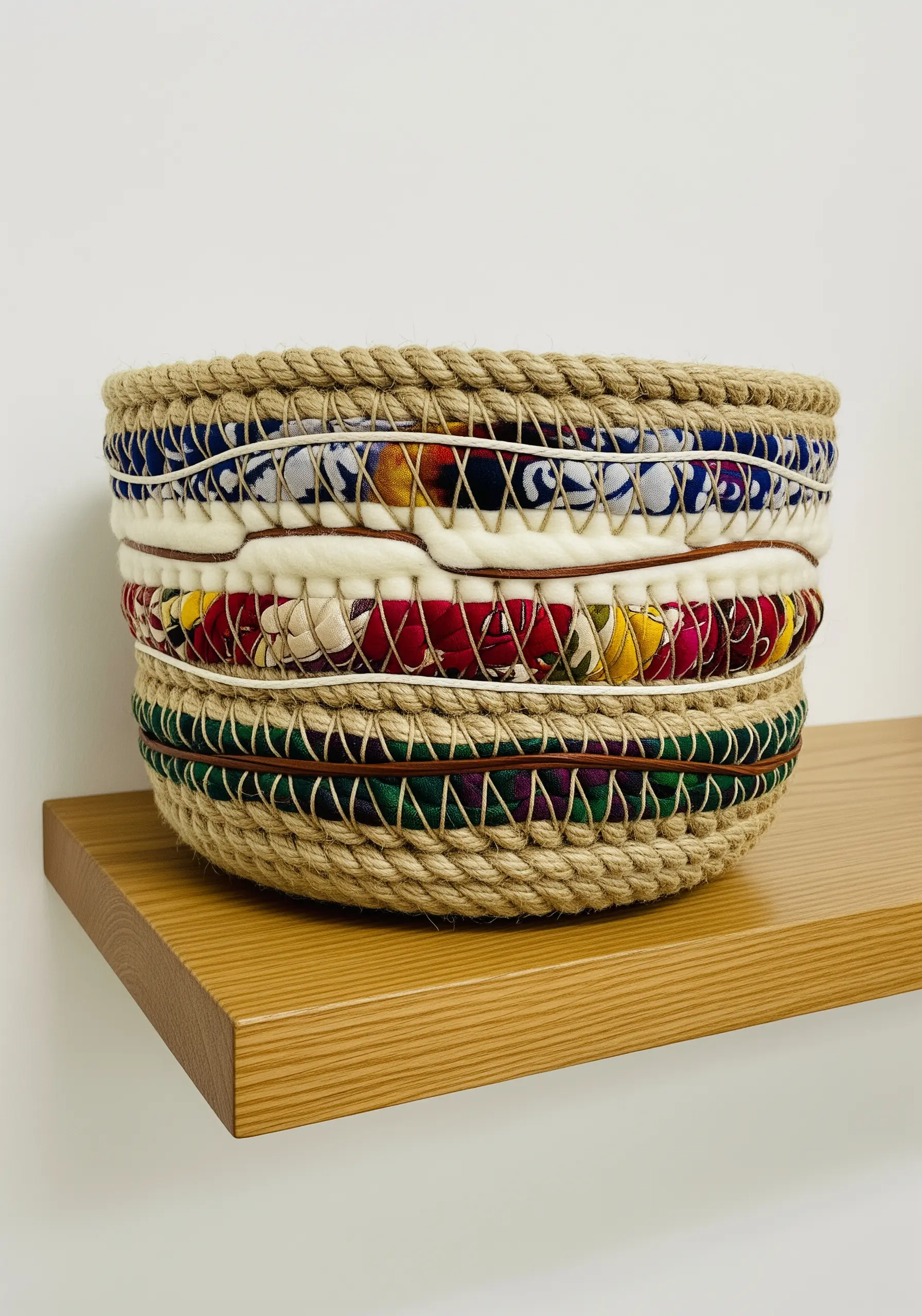 A decorative basket made from coiled rope, wrapped with colorful fabric scraps and laced with thin cord.