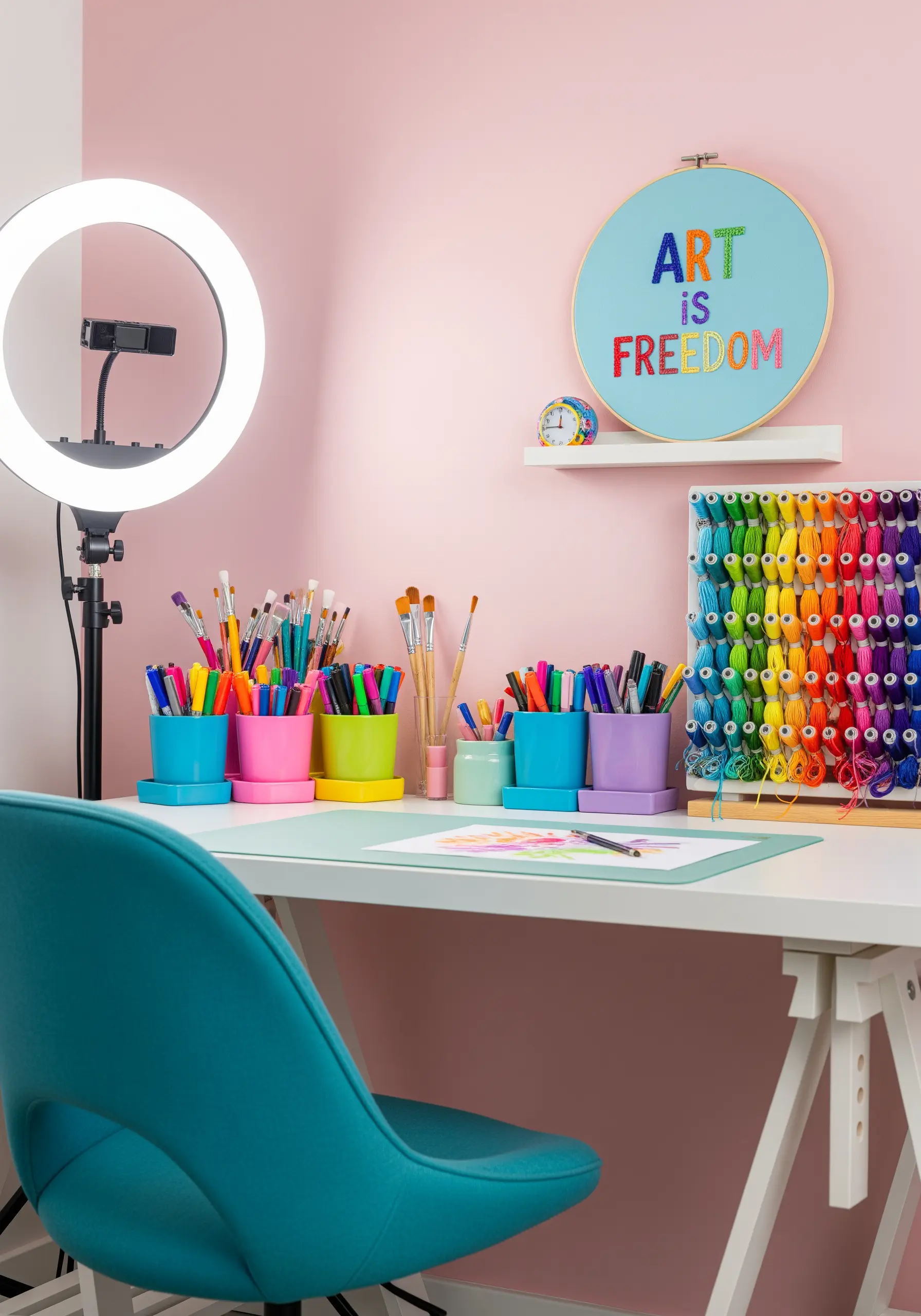 Colorful 'Art is Freedom' quote in a blue hoop with a rainbow of threads nearby.