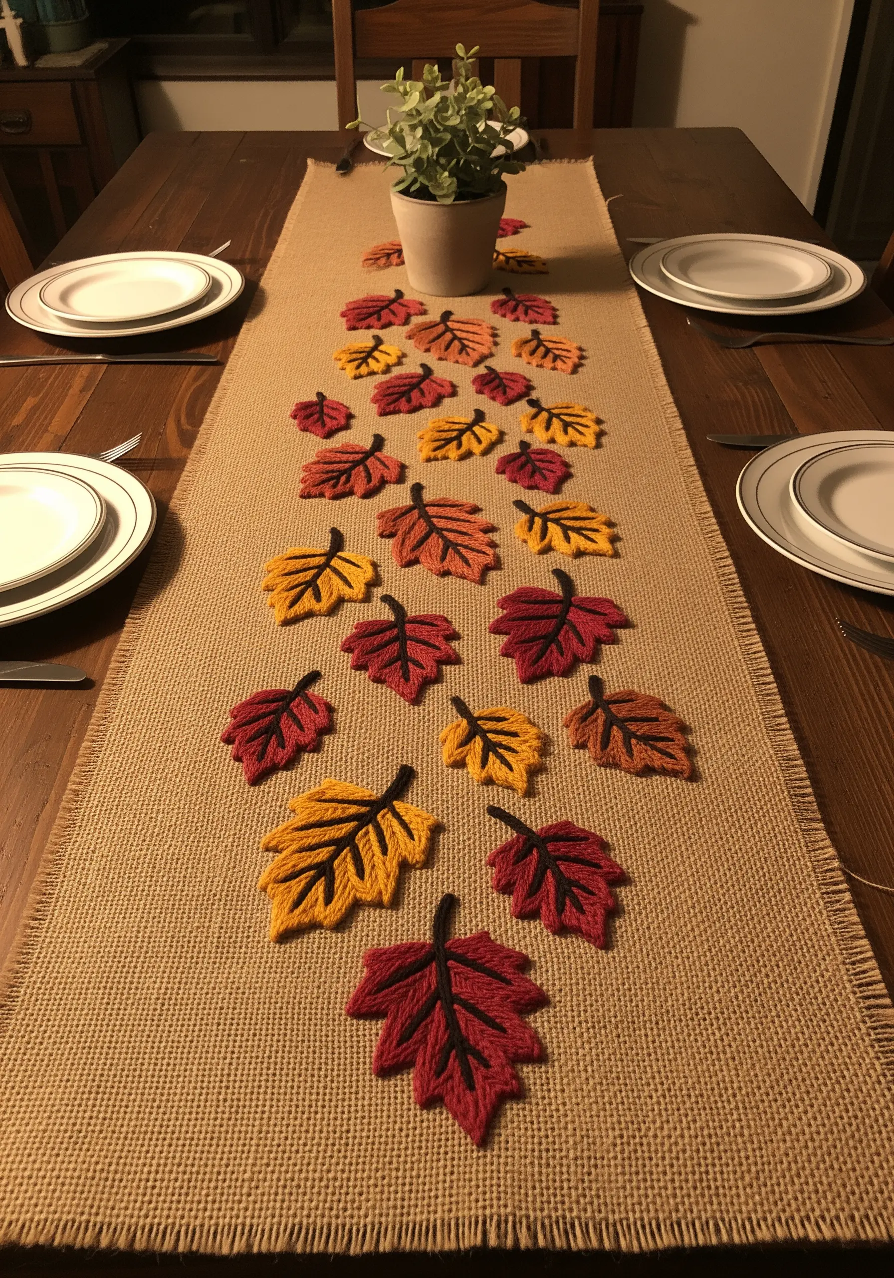 Burlap table runner decorated with embroidered autumn leaf appliqués in red and yellow.