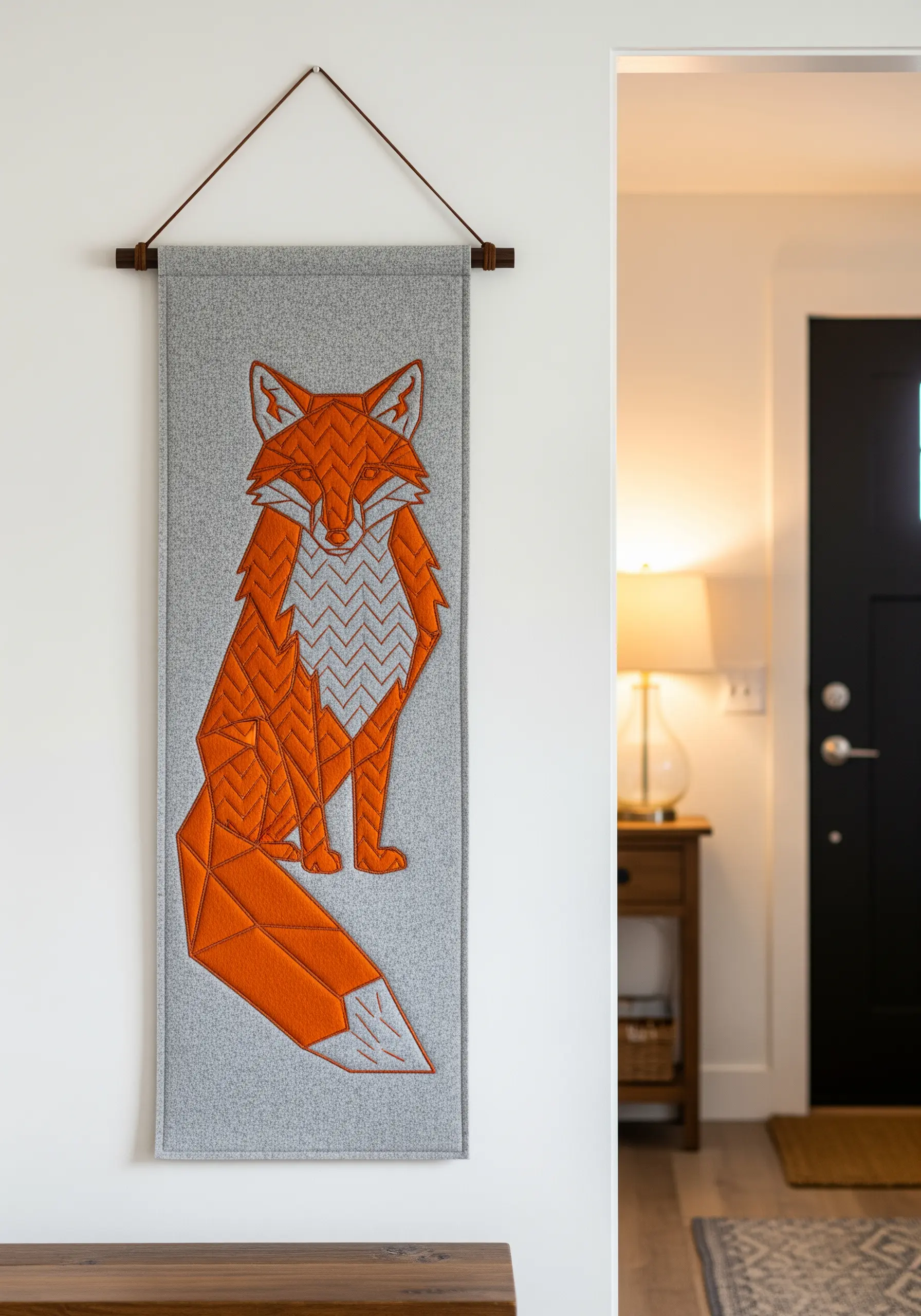 A narrow grey wall hanging featuring a geometric, stylized fox in orange and white thread.