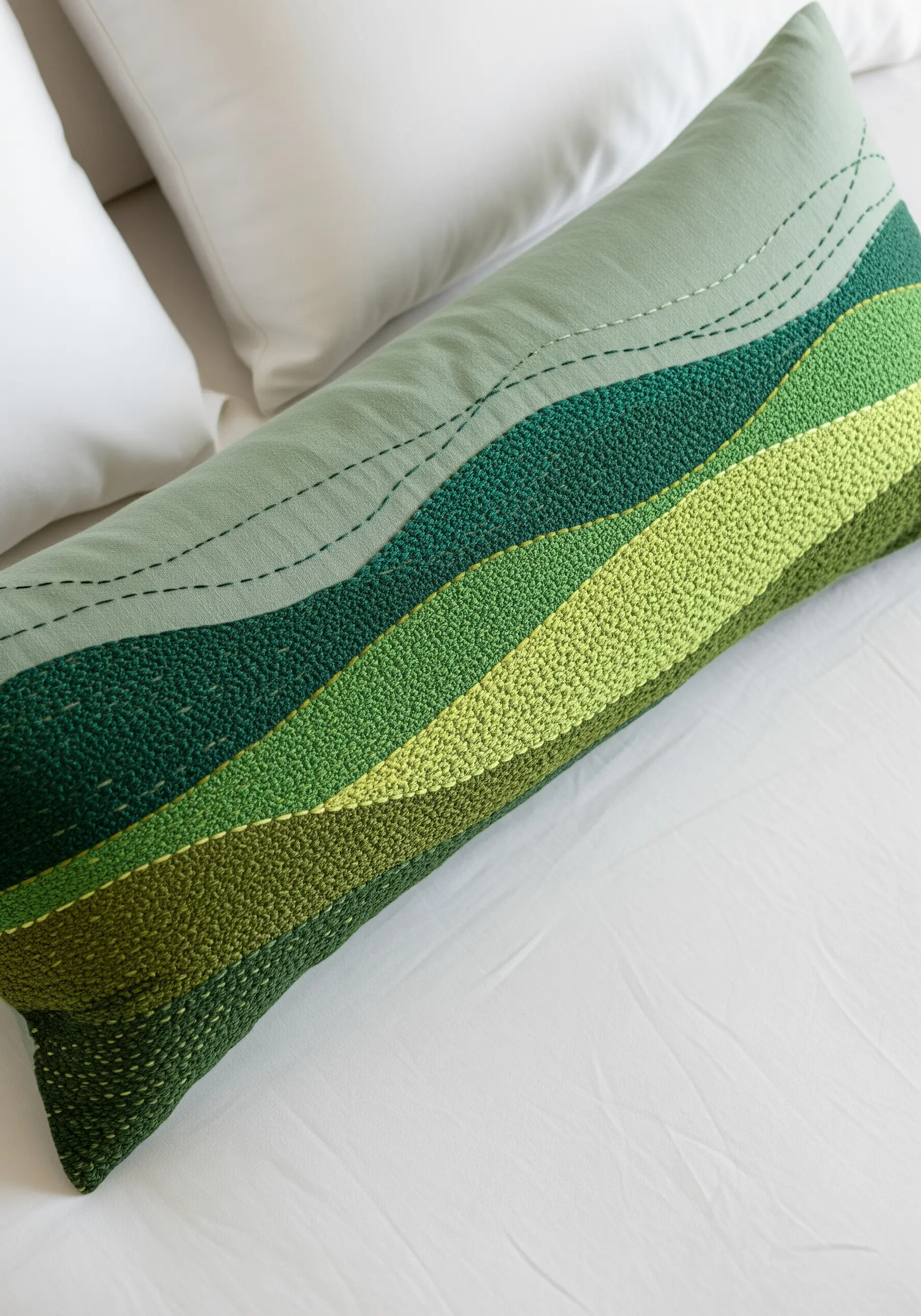 Abstract green landscape on a lumbar pillow using appliqué and textural seed stitch.