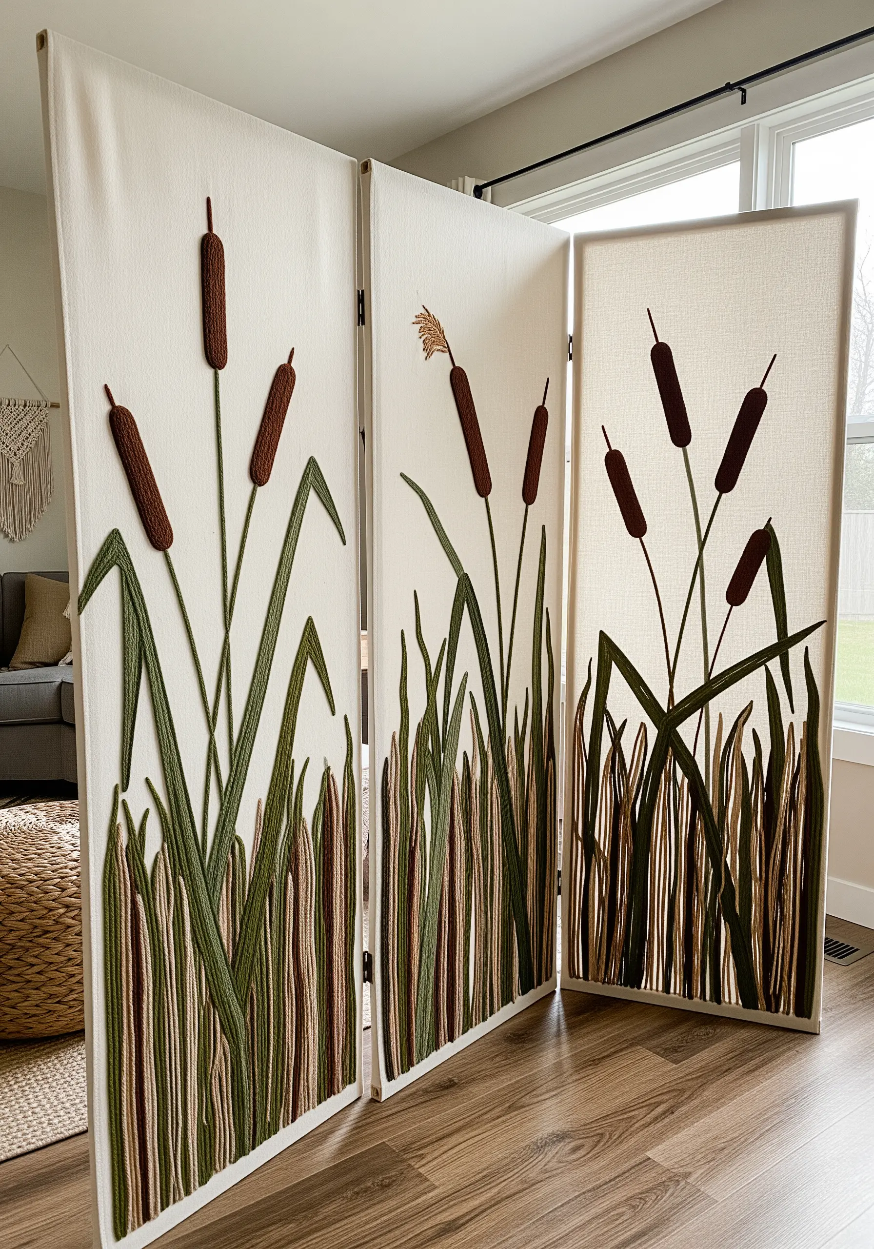 A three-panel room divider with large-scale embroidered cattails and reeds.