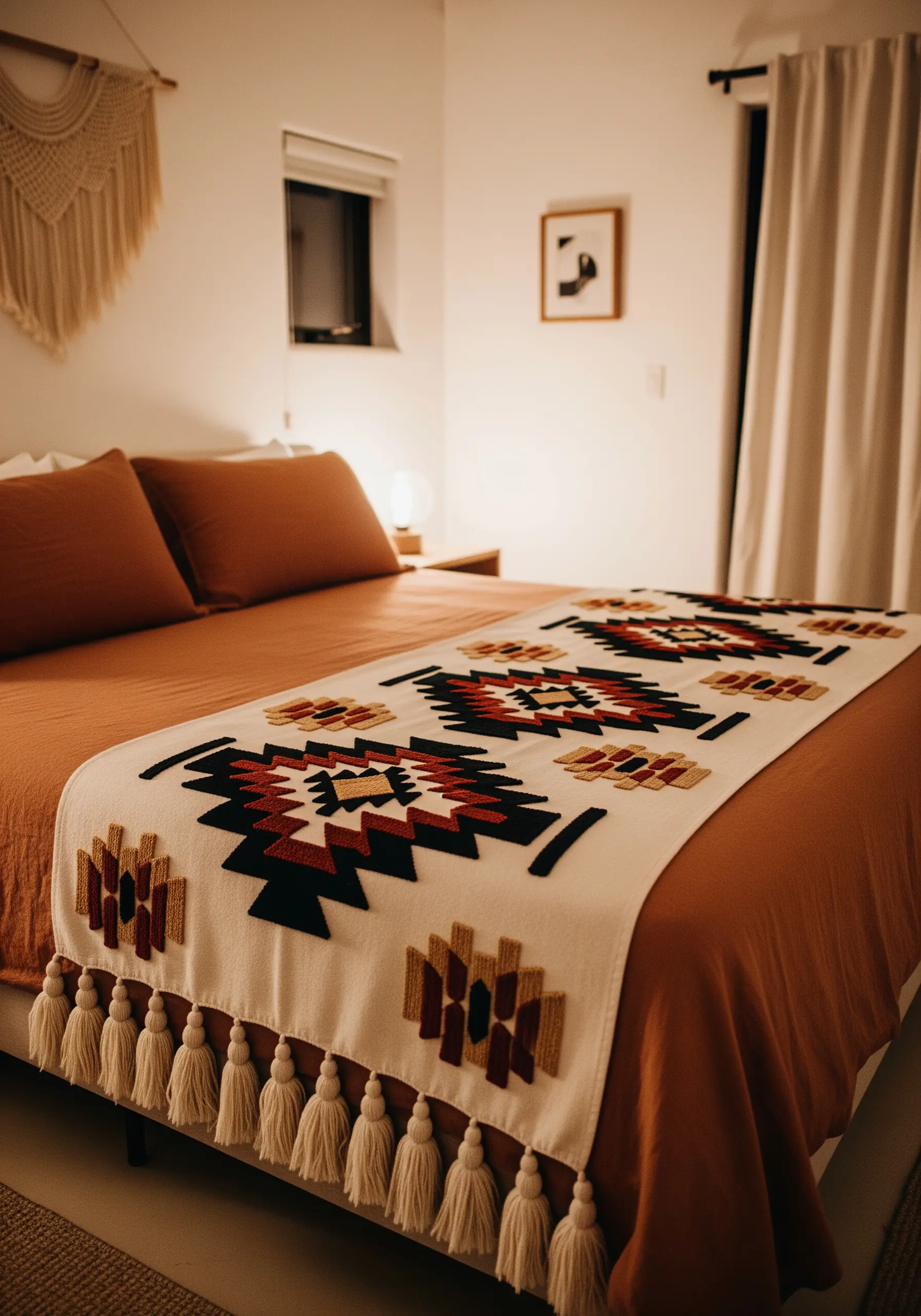 A geometric, Southwestern-style bed runner with appliqué, tufted sections, and large tassels.