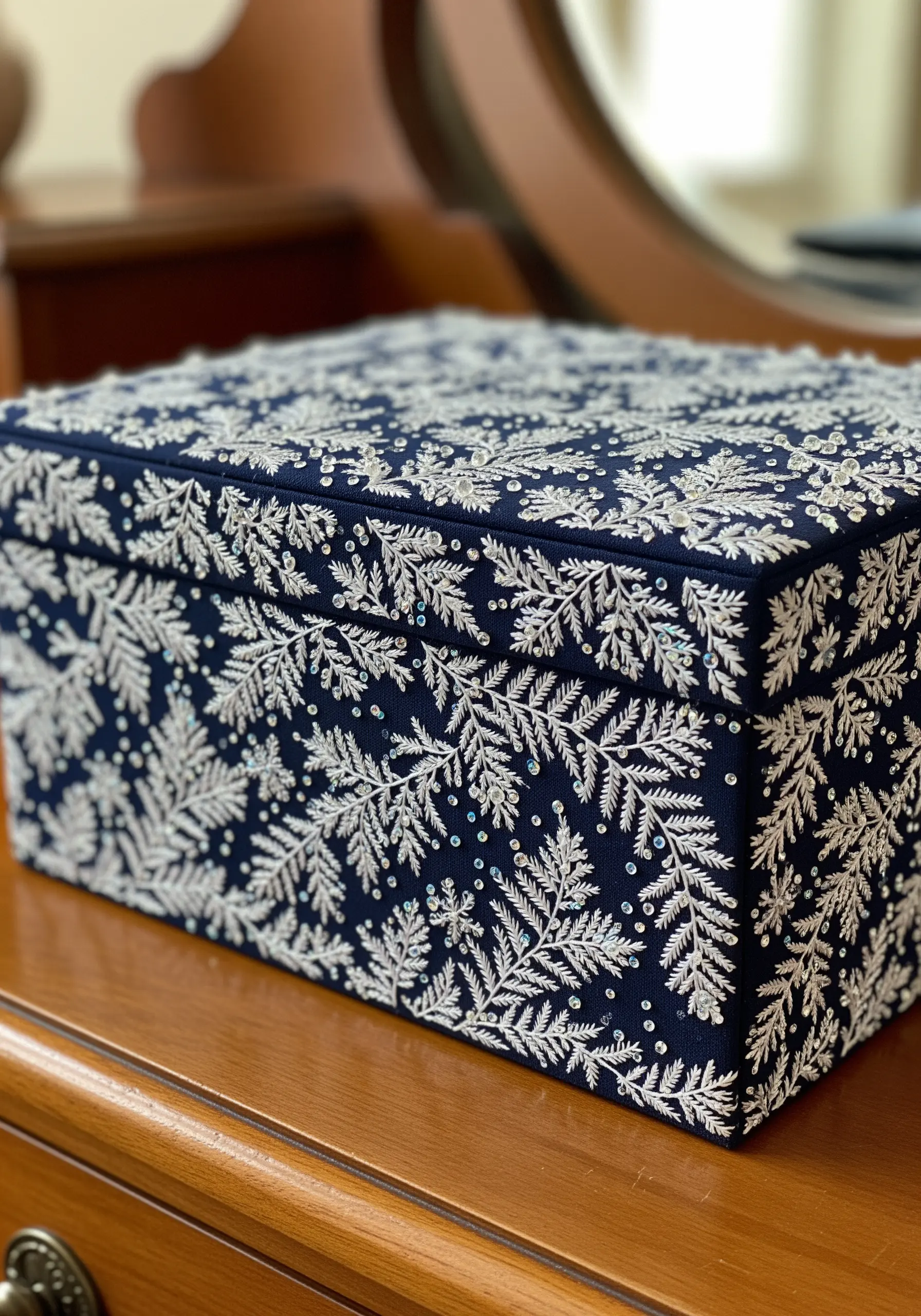 A dark blue box heavily embellished with embroidered silver ferns and sparkling seed beads.