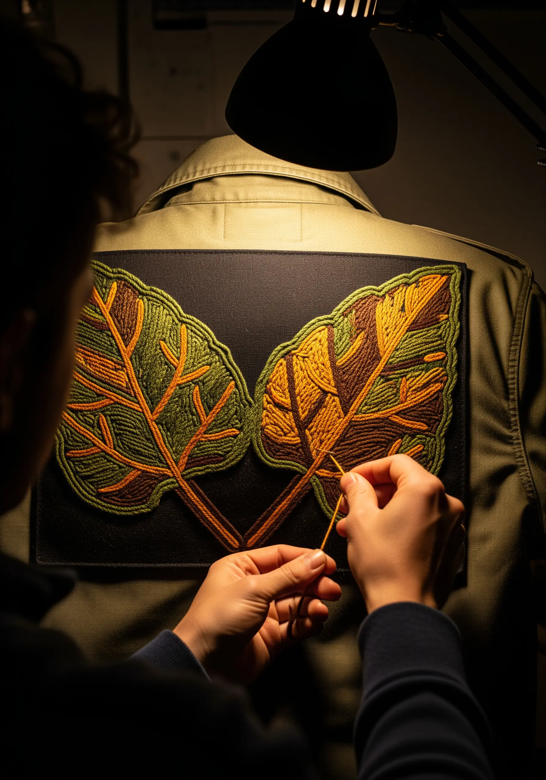 A person stitching a bold leaf patch onto a jacket using couched yarn outlines