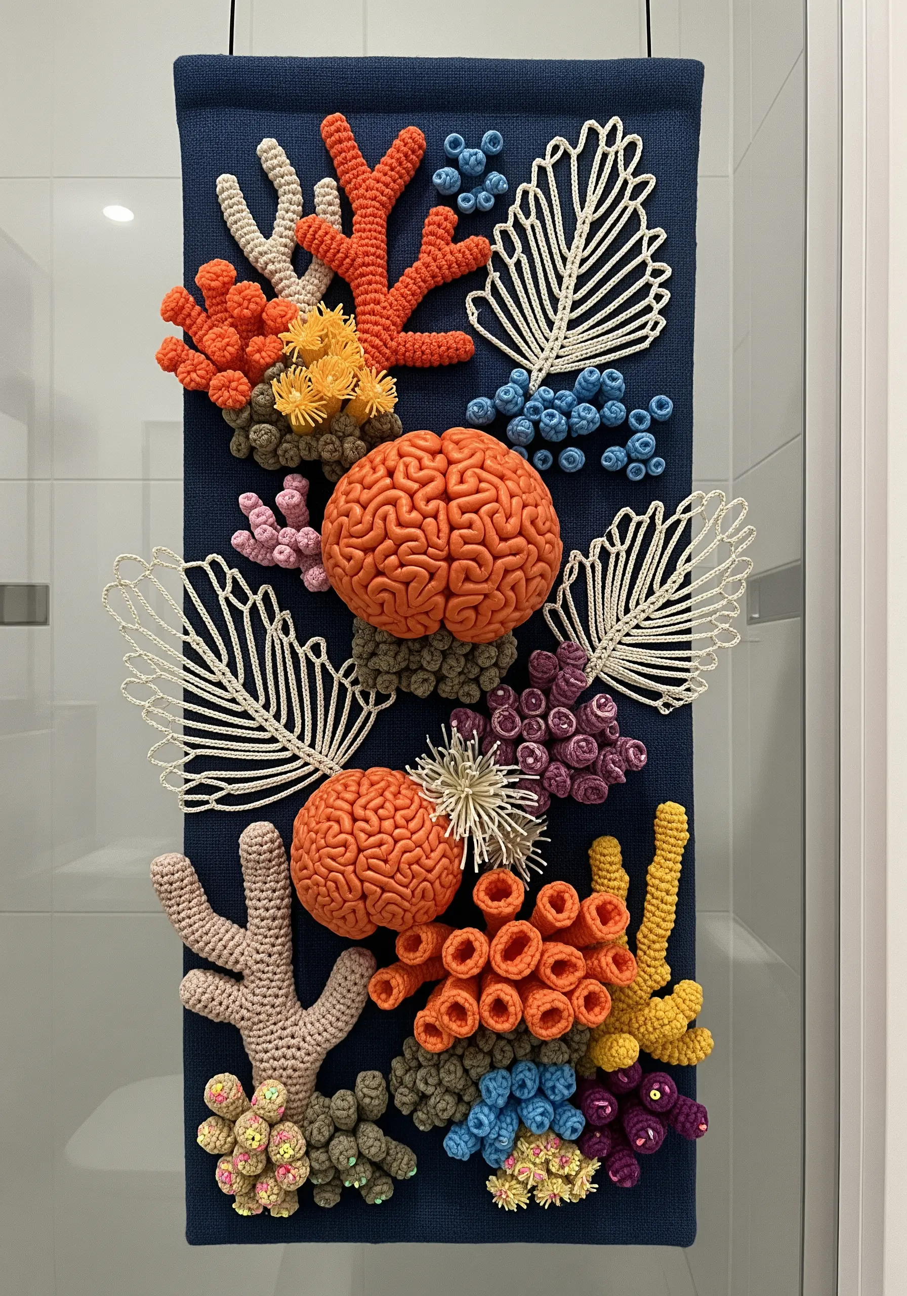 A 3D textile art piece of a coral reef, combining crocheted forms with embroidered details.