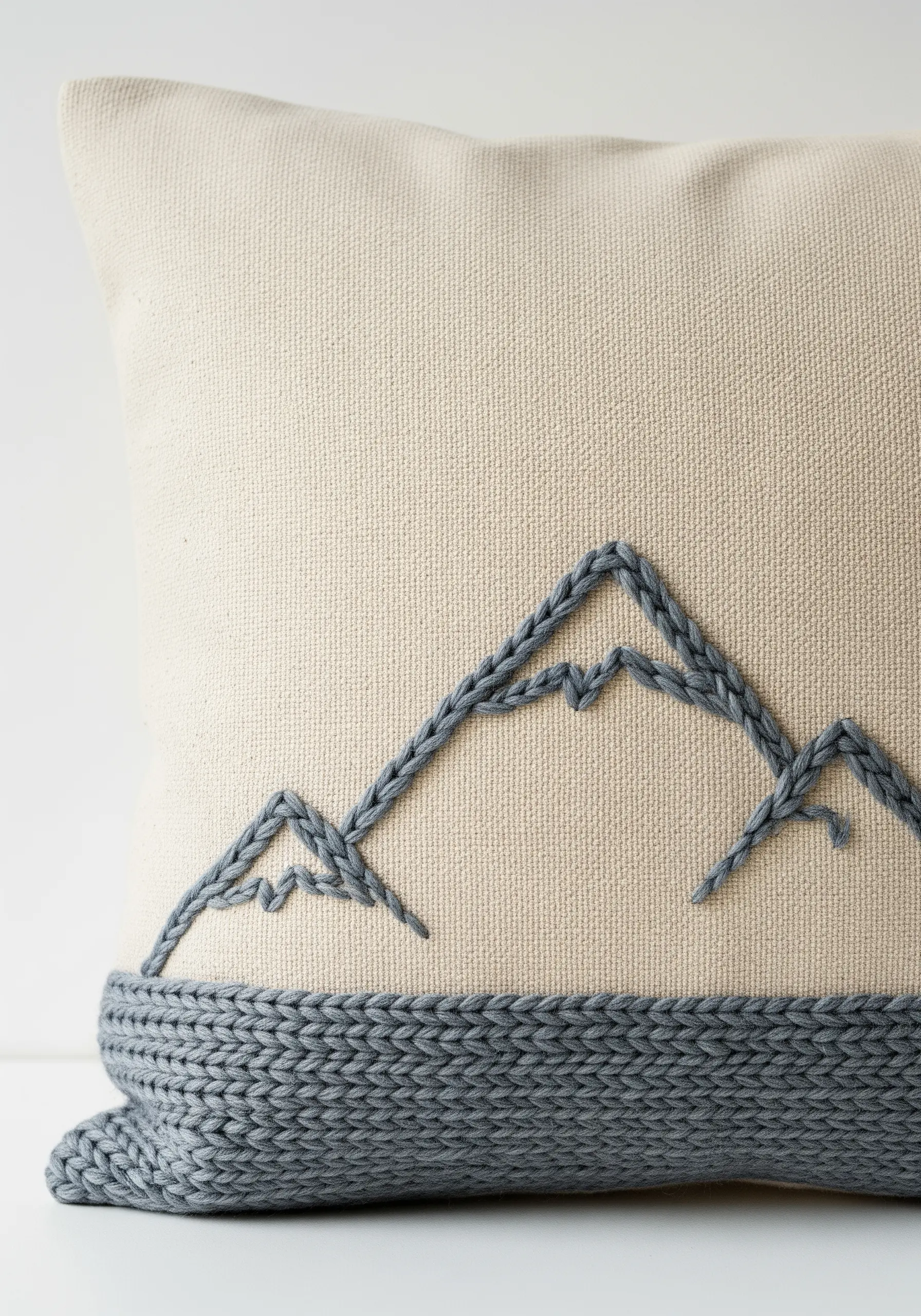 Embroidered mountain range in grey chain stitch above a knitted panel on a cream cushion.