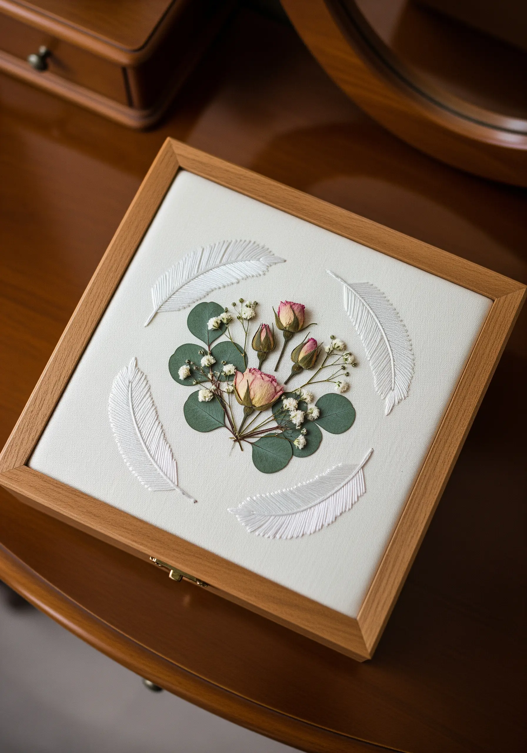 Wooden box topped with pressed roses, baby's breath, and embroidered white feathers.