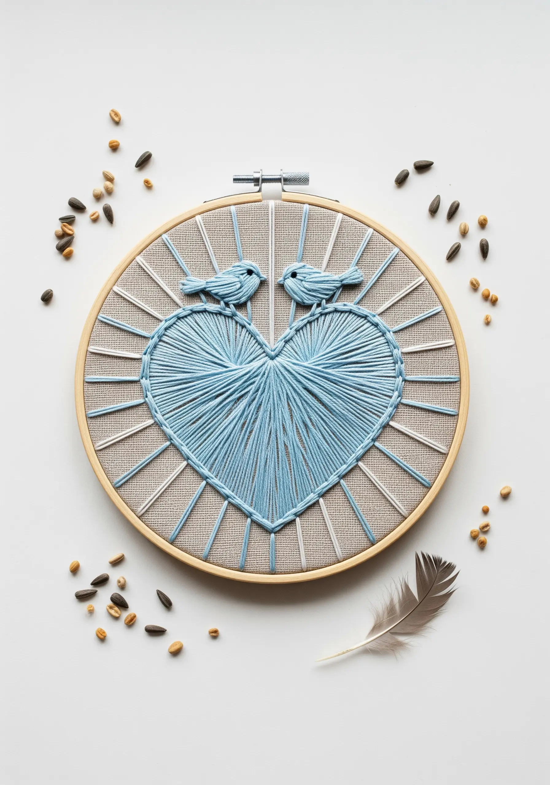 A light blue string art heart with two small embroidered birds perched on top.
