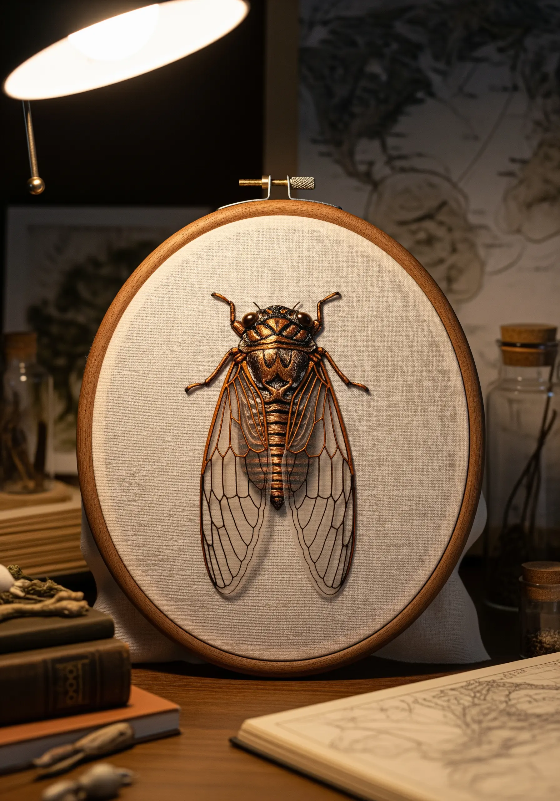 A realistic embroidery of a cicada with sheer, translucent wings made from organza.